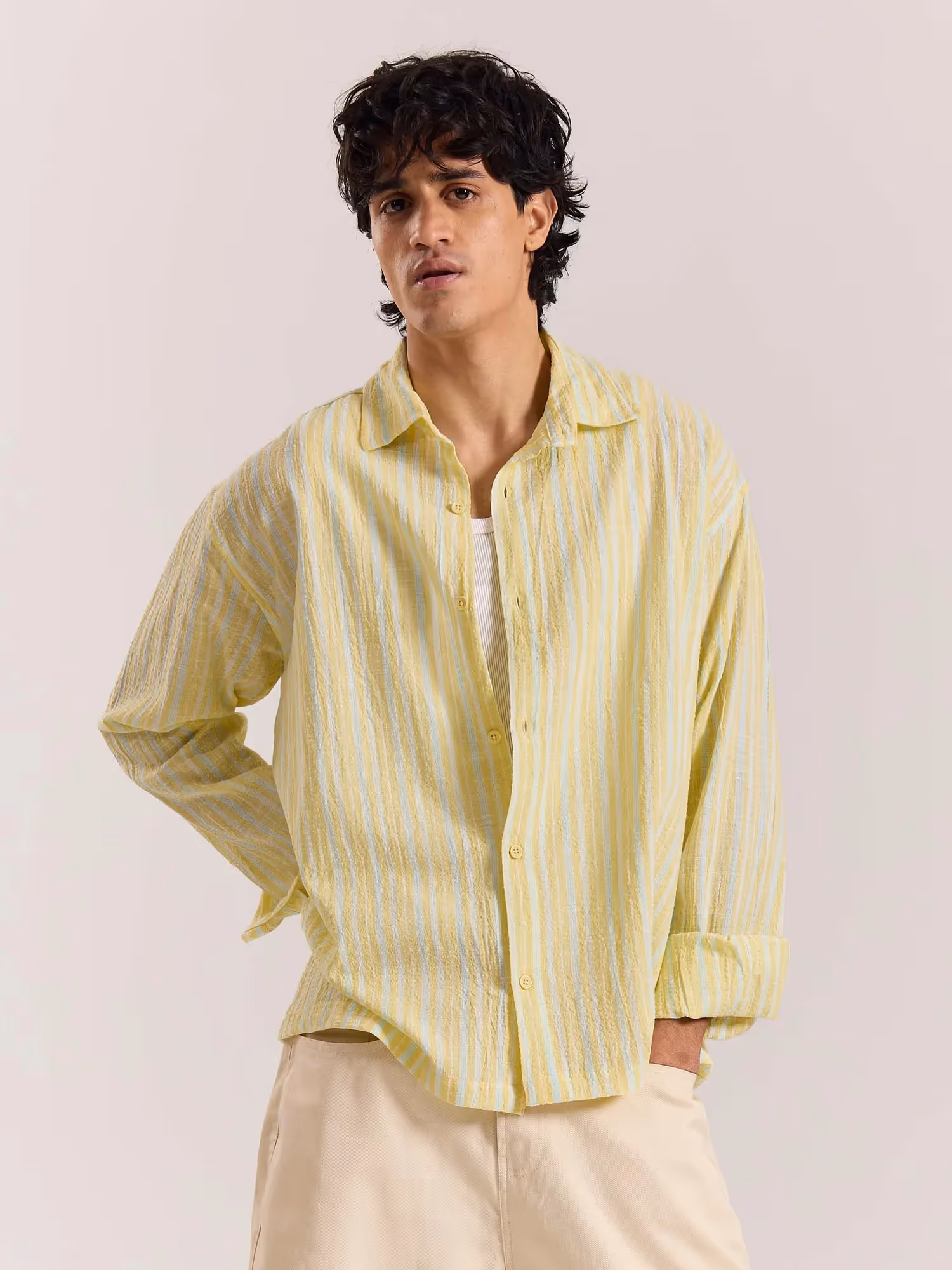 Butter Yellow & Blue Striped Seersucker Shirt image 2