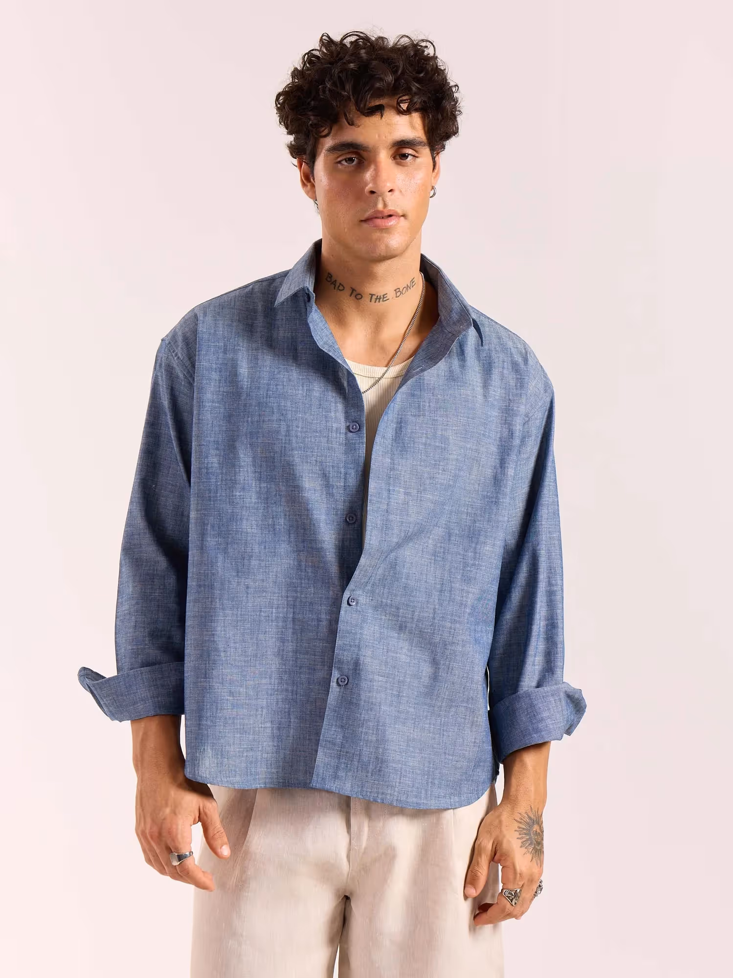 Chambray Blue Linen Cropped Shirt image 3