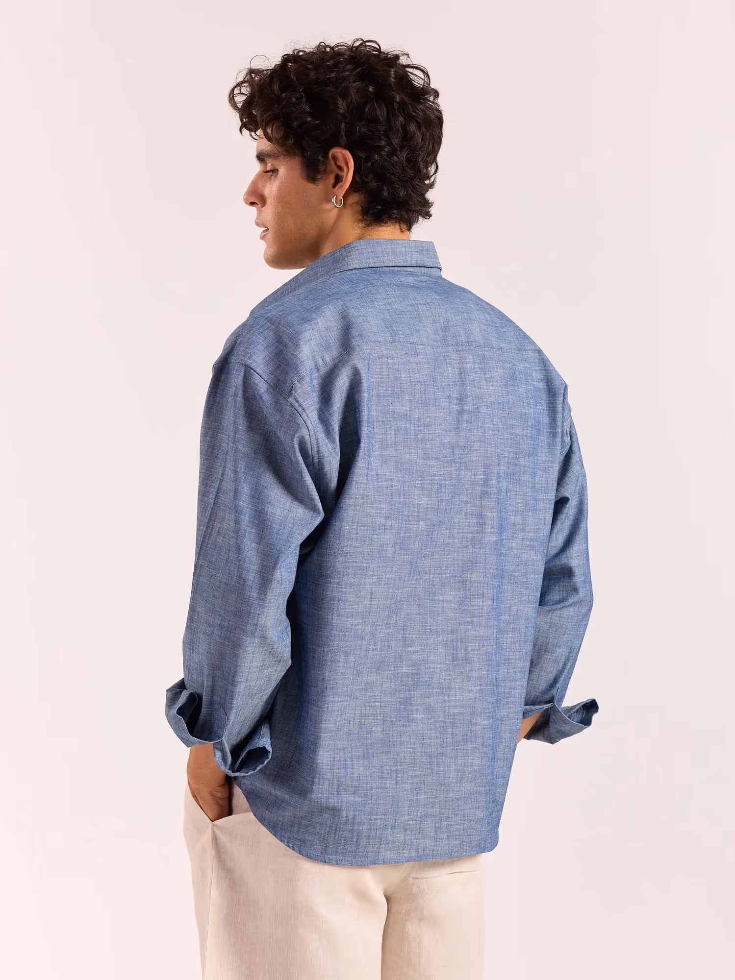 Chambray Blue Linen Cropped Shirt image 8