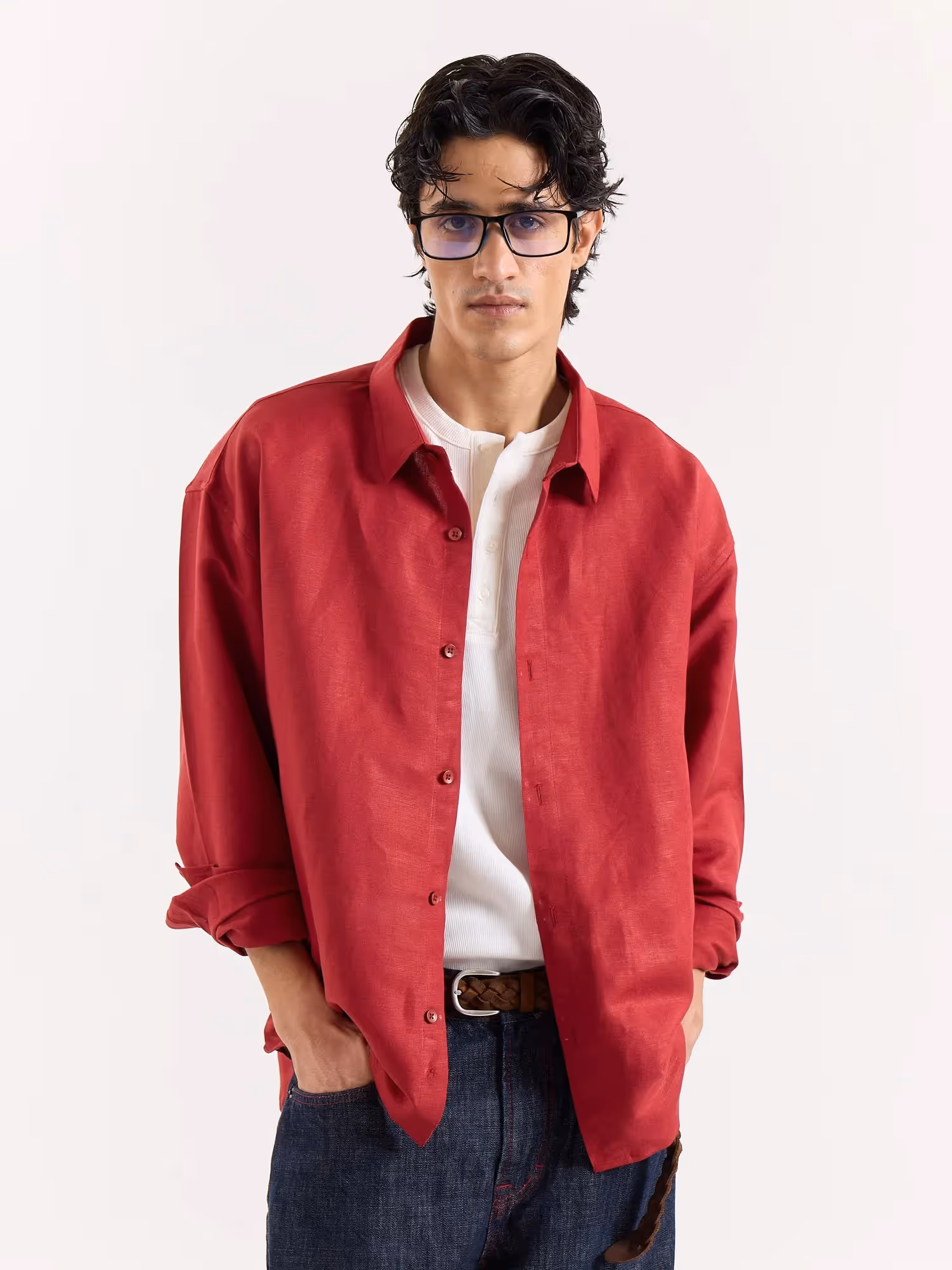 Cherry Red Linen Cropped Shirt  image 2