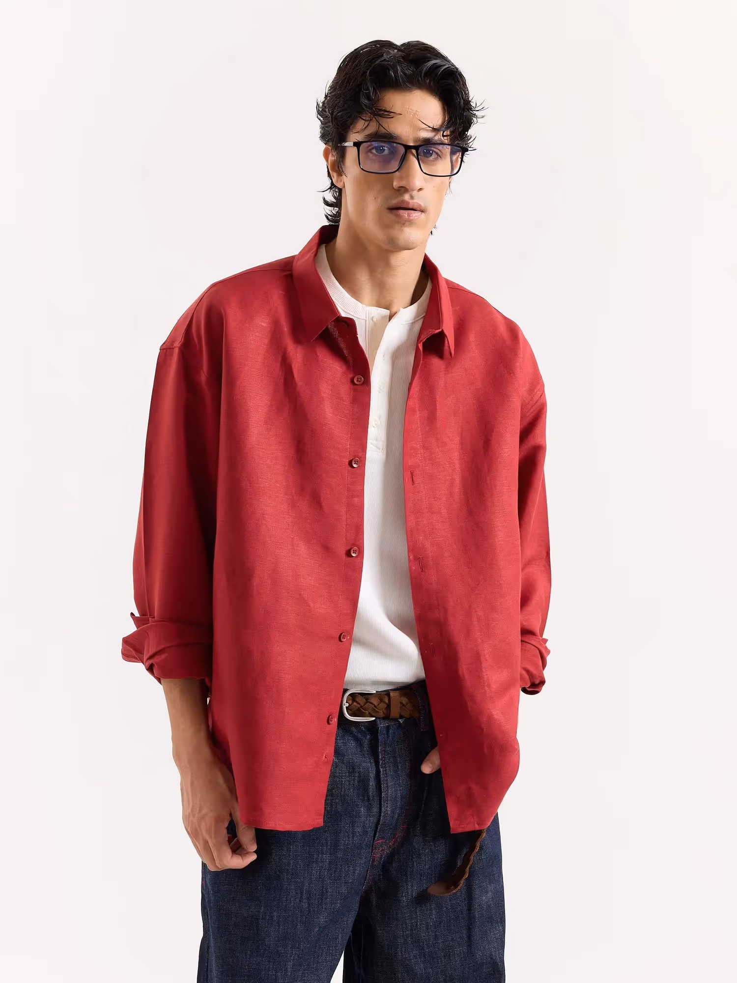 Cherry Red Linen Cropped Shirt  image 3