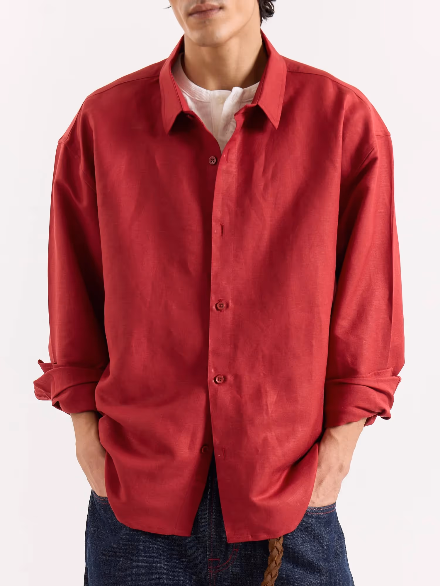 Cherry Red Linen Cropped Shirt  image 5