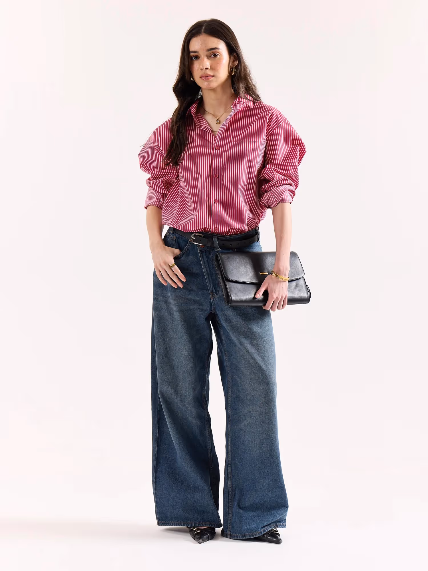 Cherry Red Pinstriped Poplin Oversized Shirt image 2