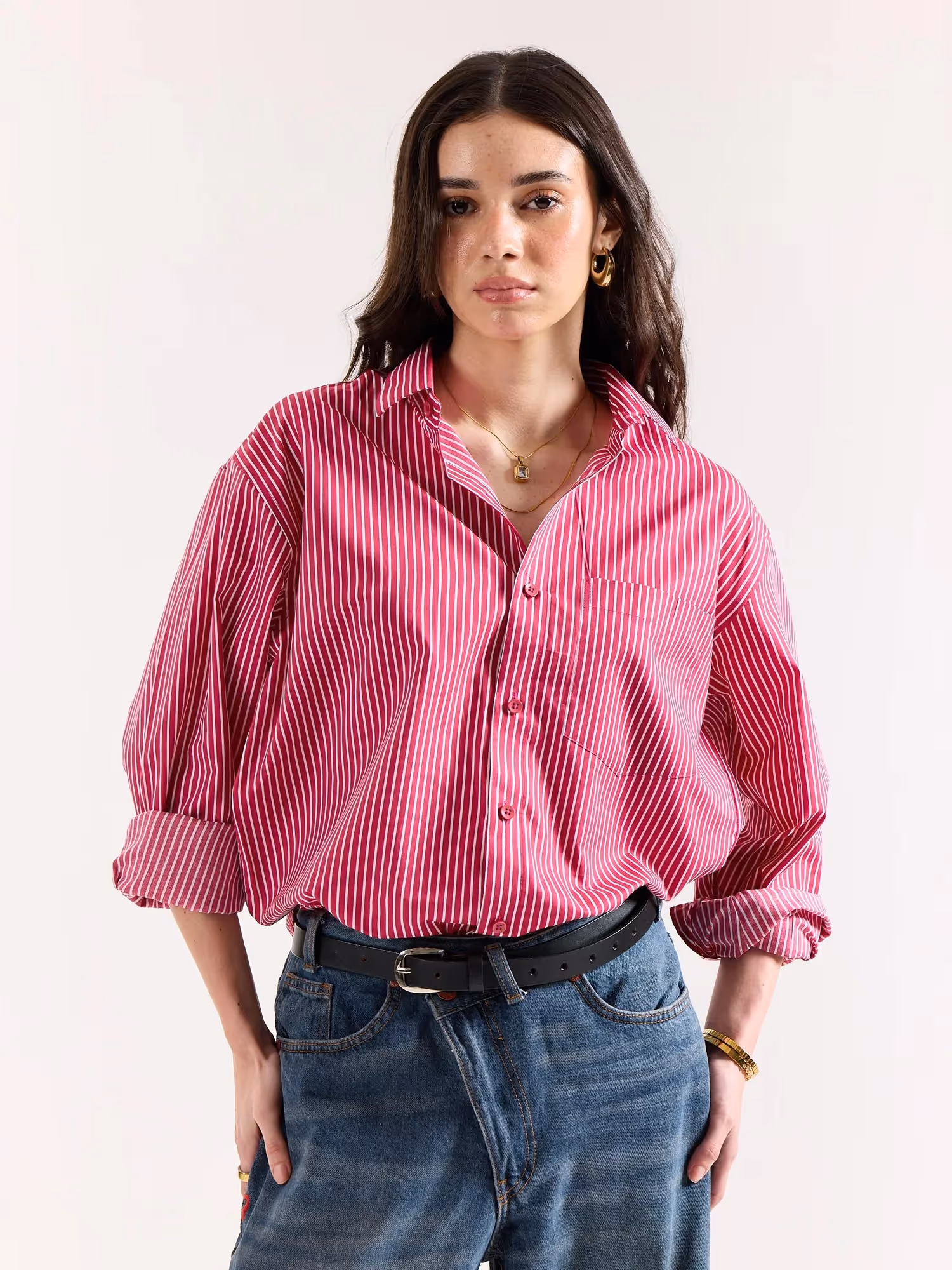 Cherry Red Pinstriped Poplin Oversized Shirt image 4