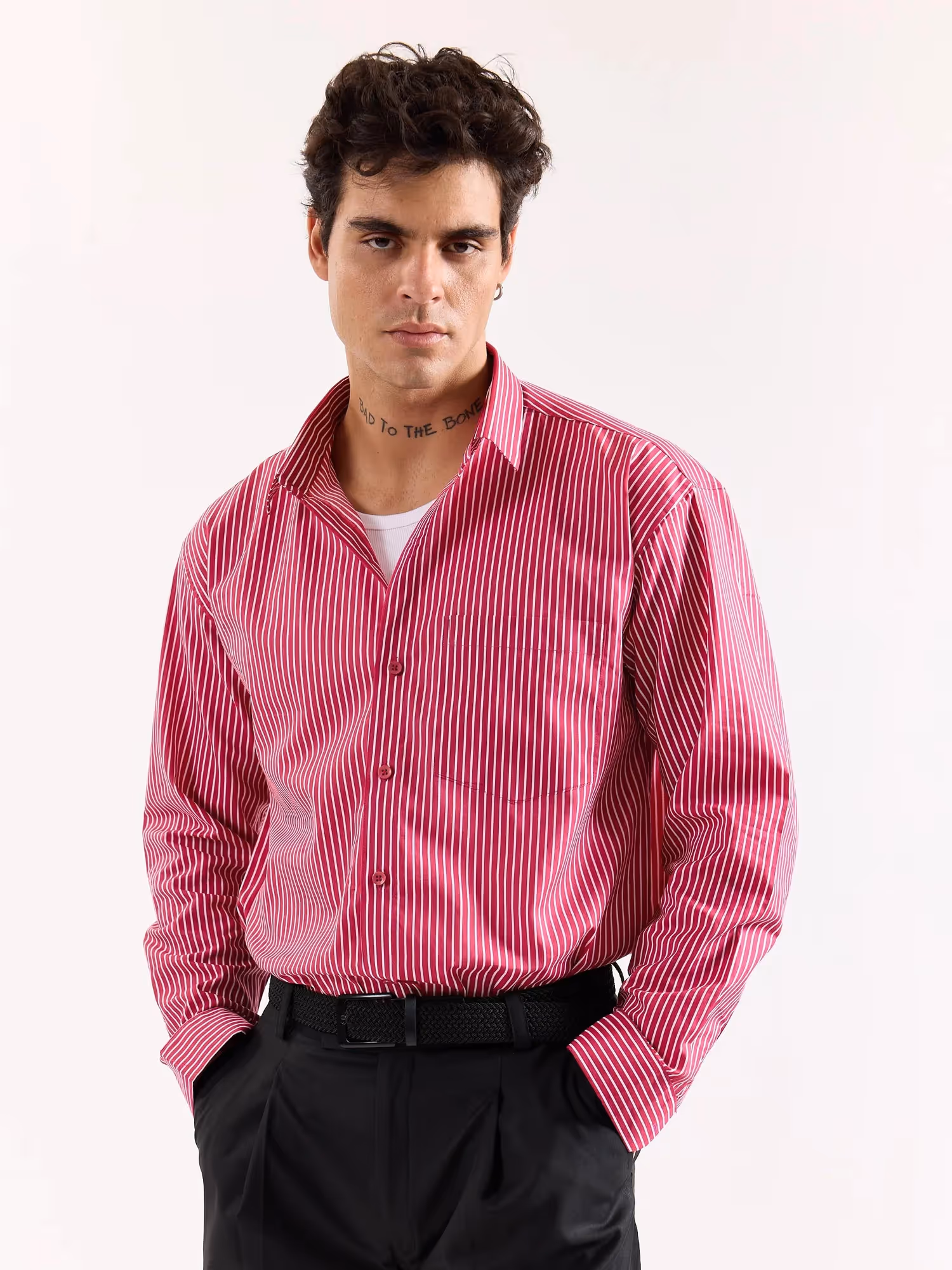 Cherry Red Pinstriped Poplin Oversized Shirt image 6