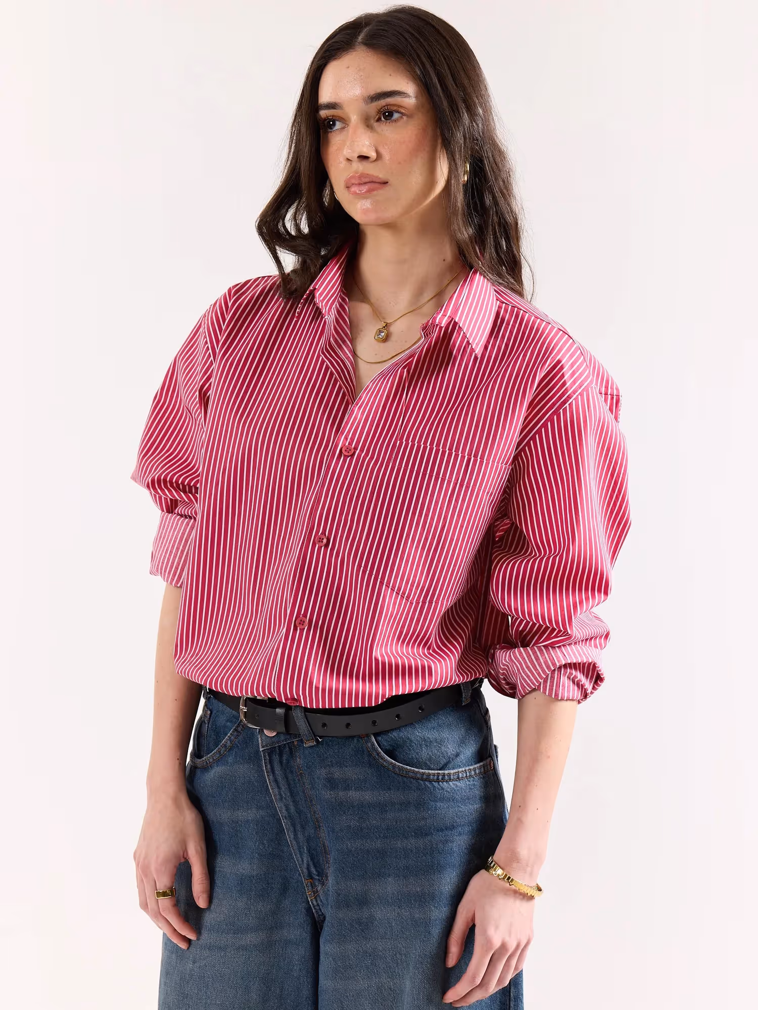 Cherry Red Pinstriped Poplin Oversized Shirt image 7