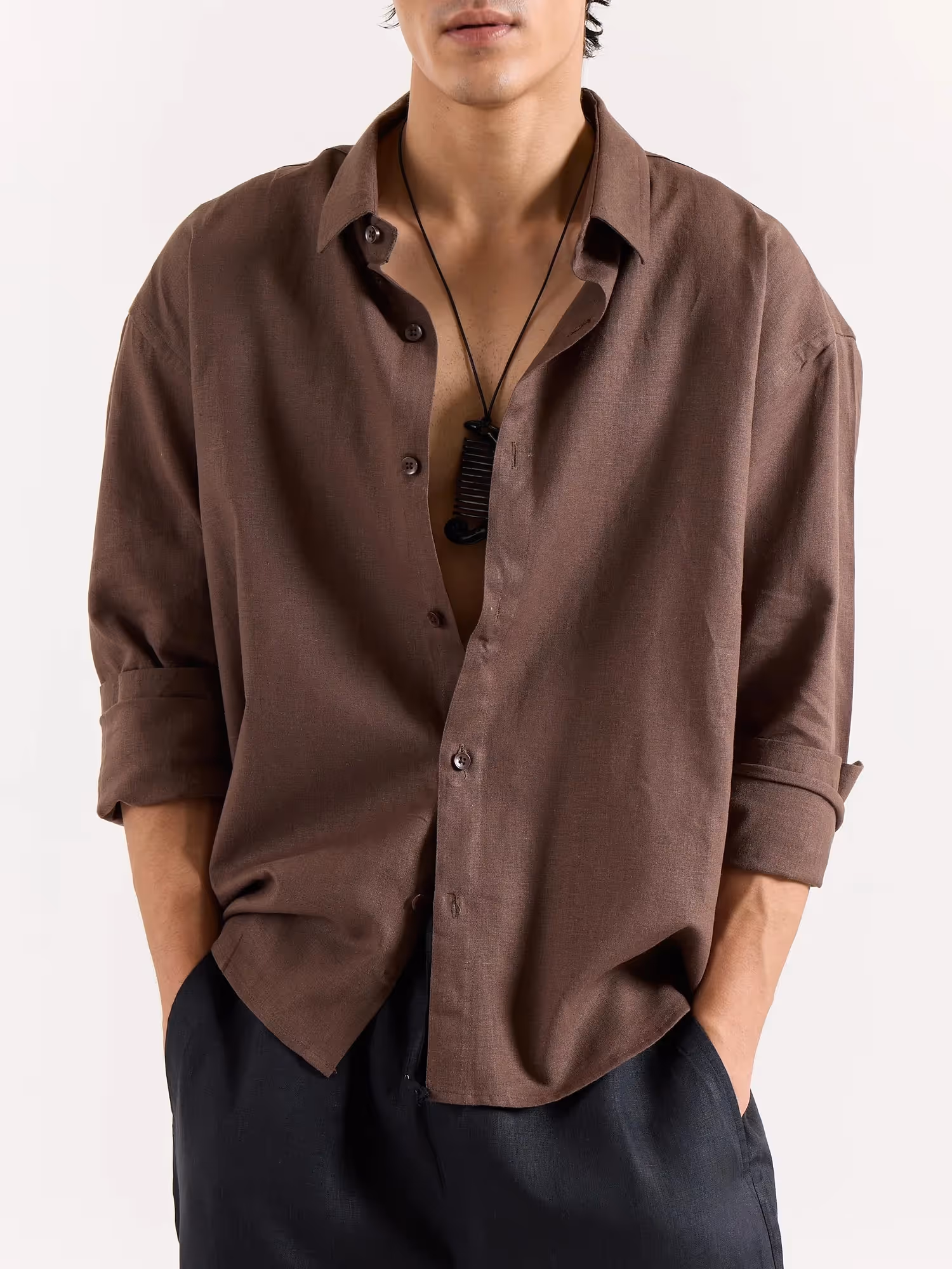 Chocolate Brown Linen Cropped Shirt image 5