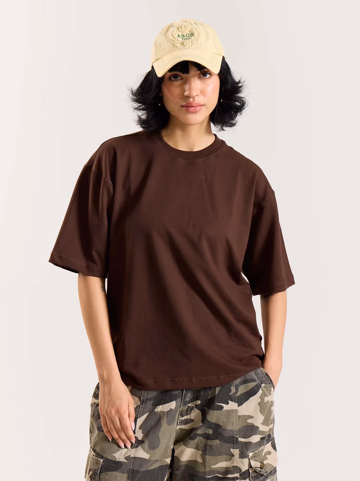 Chocolate Brown Loose Fit Cropped T-Shirt image 5