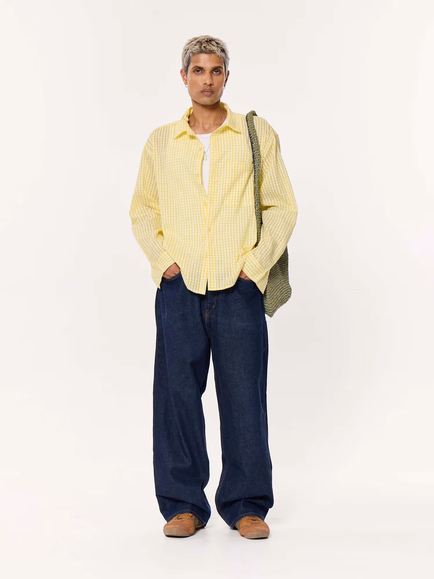 Classic Yellow Checkered Oversized Cropped Shirt image 1