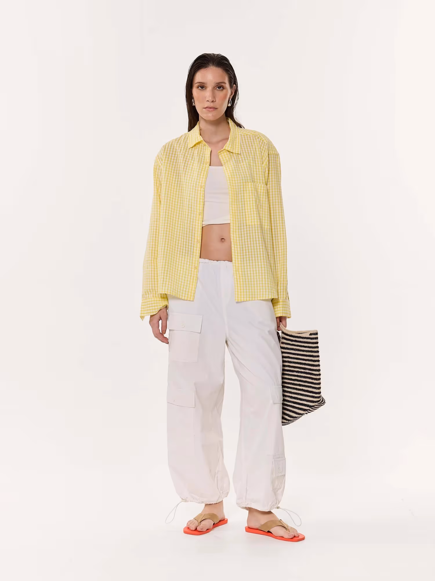 Classic Yellow Checkered Oversized Cropped Shirt image 2