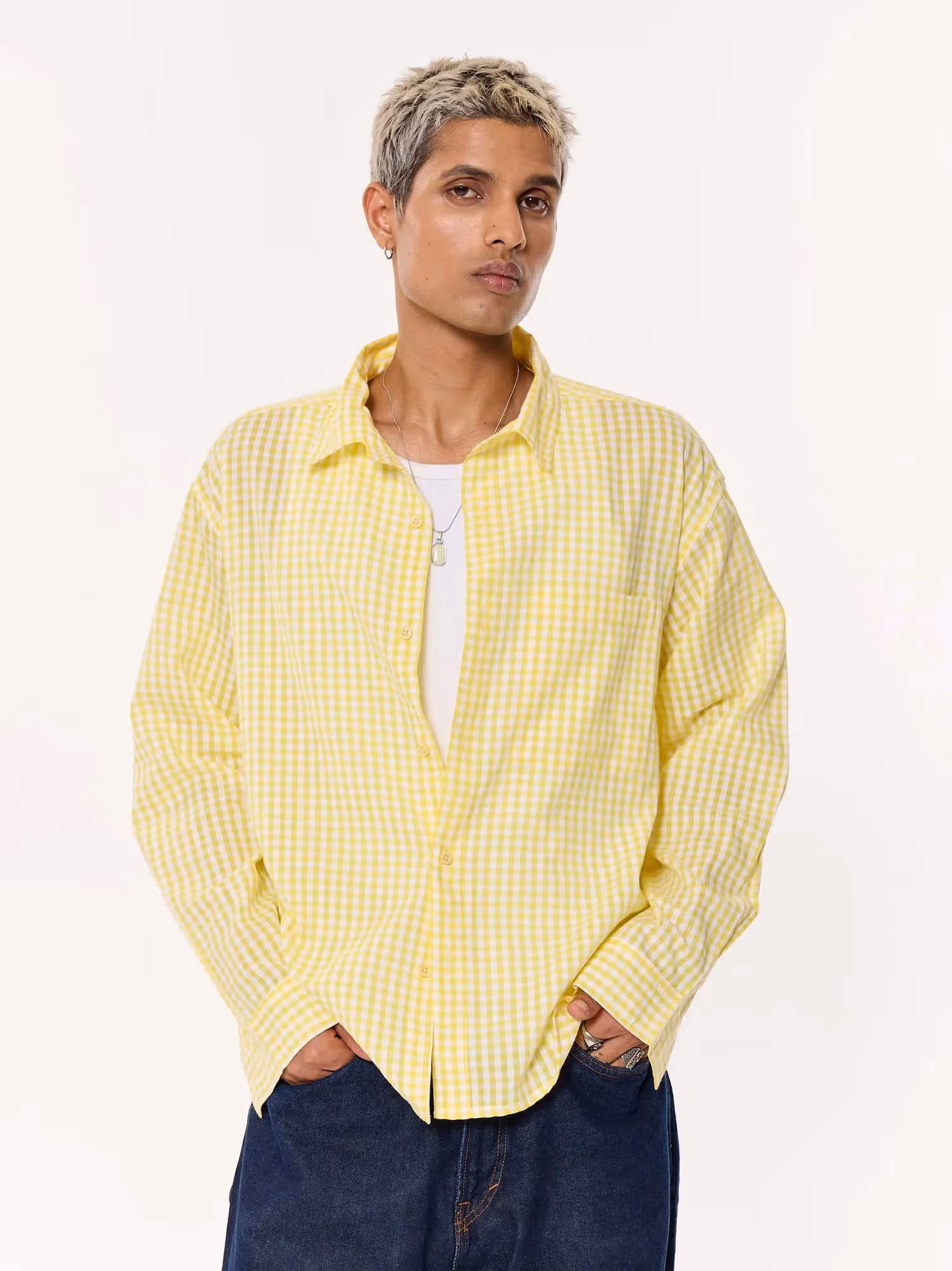 Classic Yellow Checkered Oversized Cropped Shirt image 3