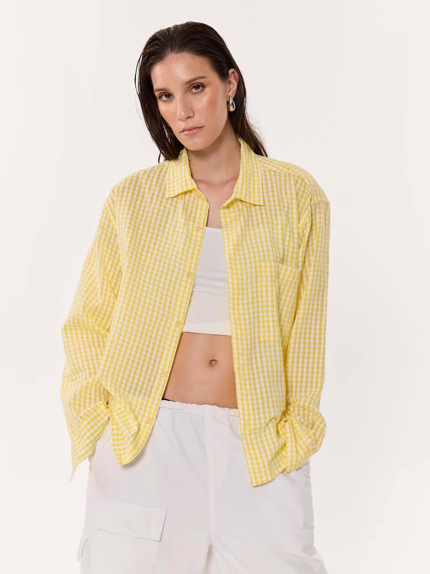Classic Yellow Checkered Oversized Cropped Shirt image 4