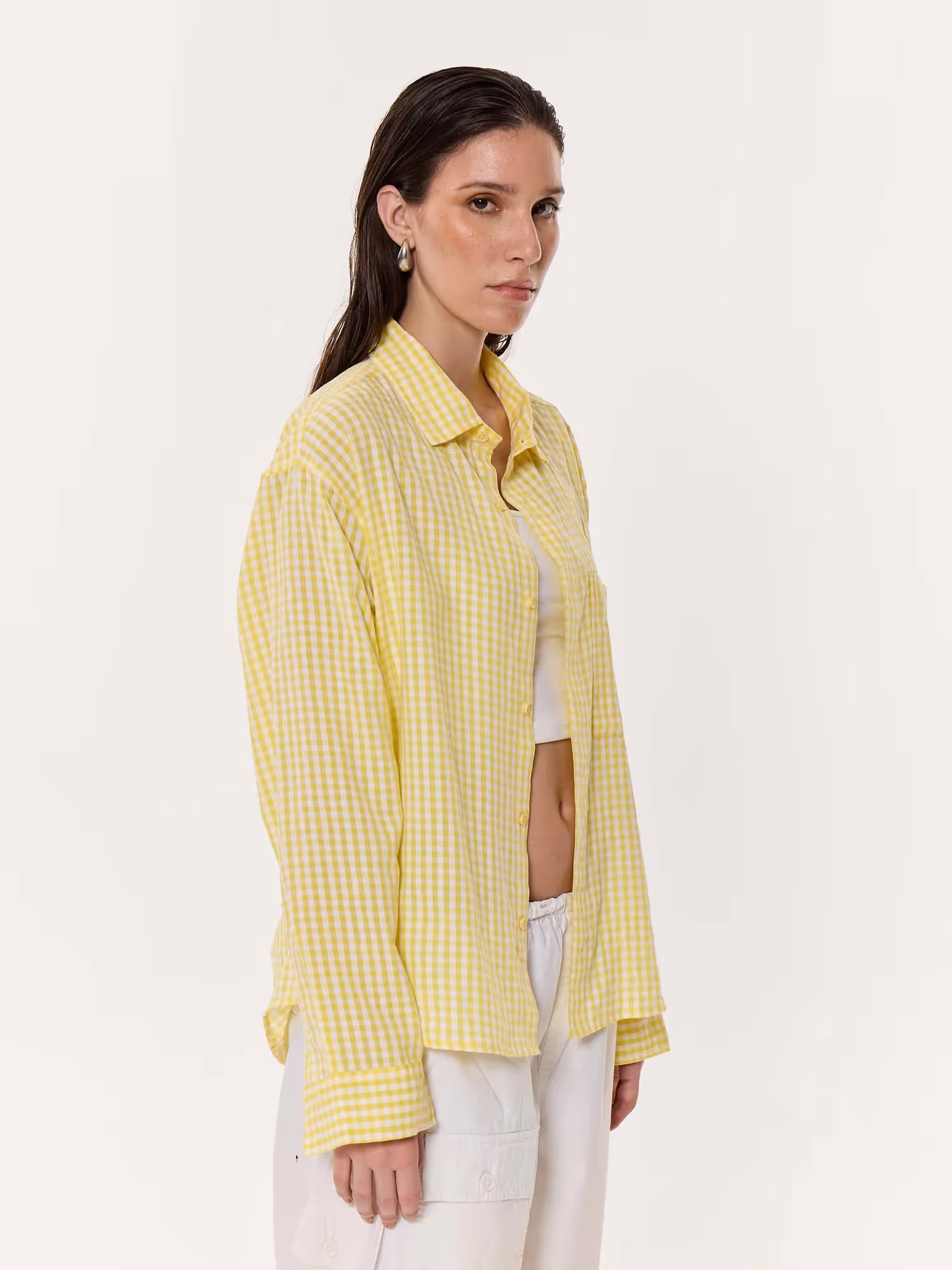 Classic Yellow Checkered Oversized Cropped Shirt image 6