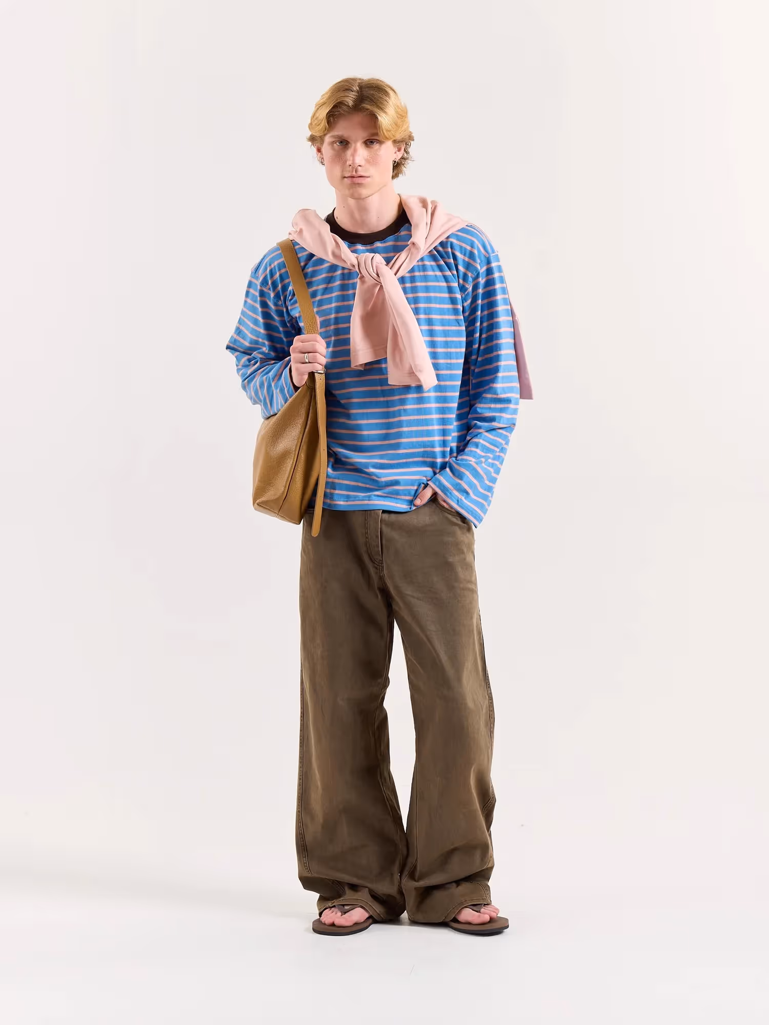 Cobalt & Peach Striped Loose Fit Cropped T-Shirt image 1
