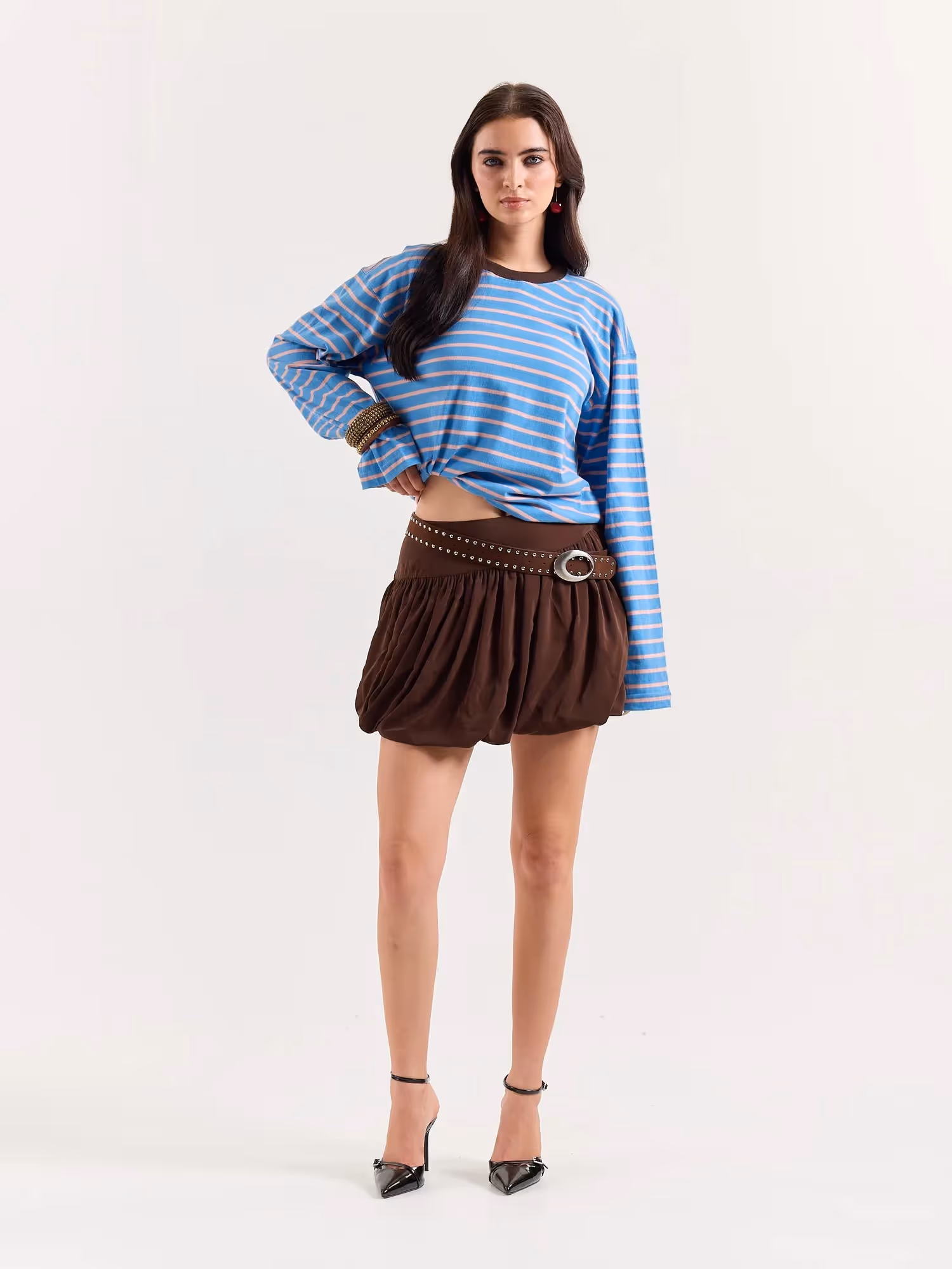 Cobalt & Peach Striped Loose Fit Cropped T-Shirt image 2
