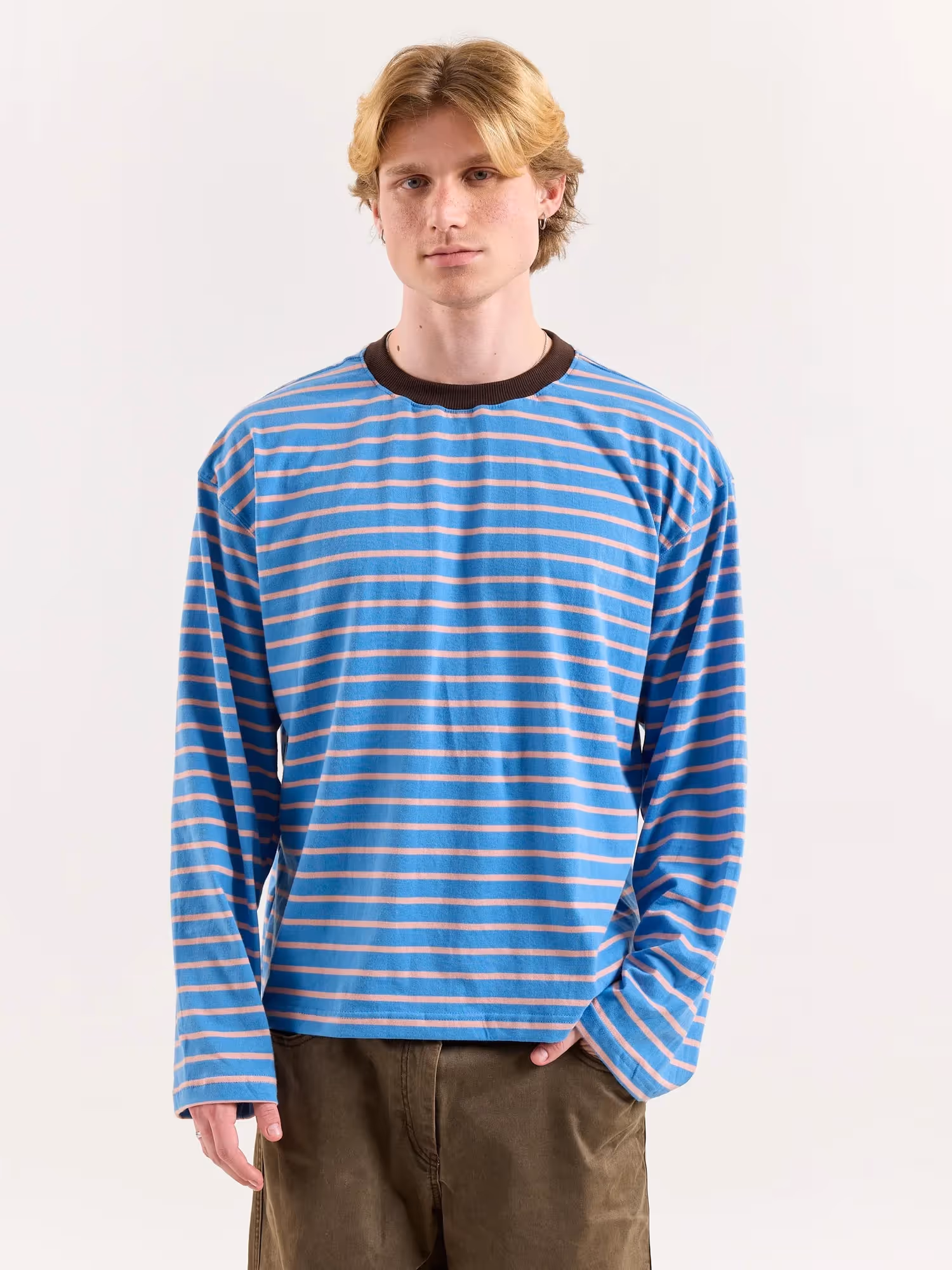 Cobalt & Peach Striped Loose Fit Cropped T-Shirt image 3