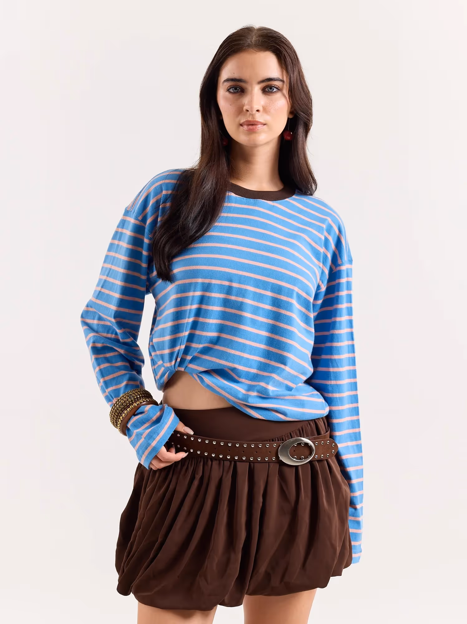 Cobalt & Peach Striped Loose Fit Cropped T-Shirt image 4