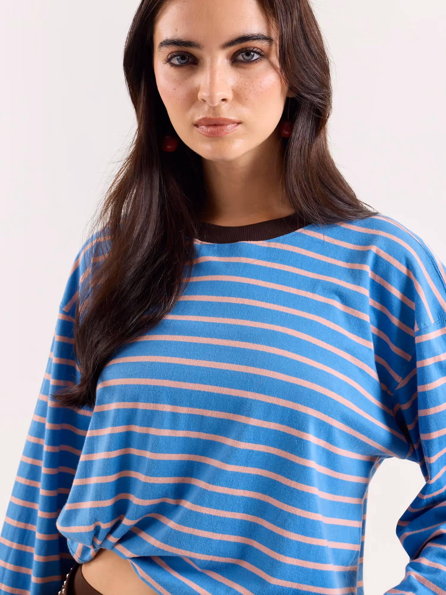Cobalt & Peach Striped Loose Fit Cropped T-Shirt image 5