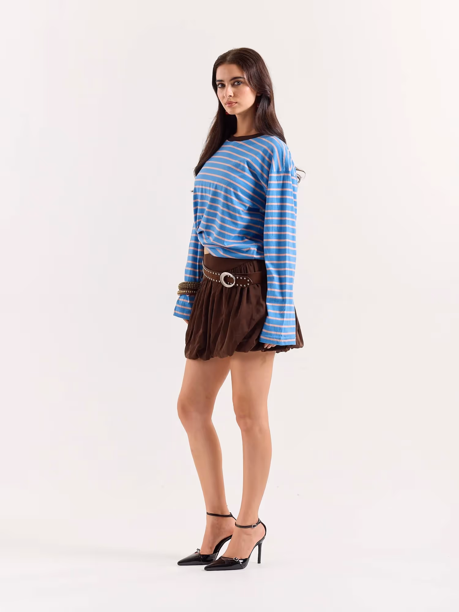 Cobalt & Peach Striped Loose Fit Cropped T-Shirt image 6