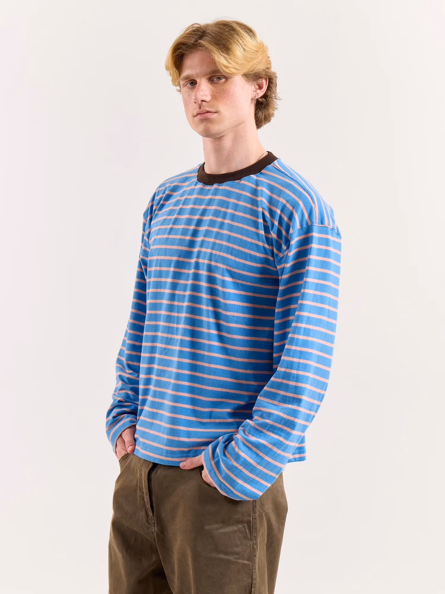 Cobalt & Peach Striped Loose Fit Cropped T-Shirt image 7