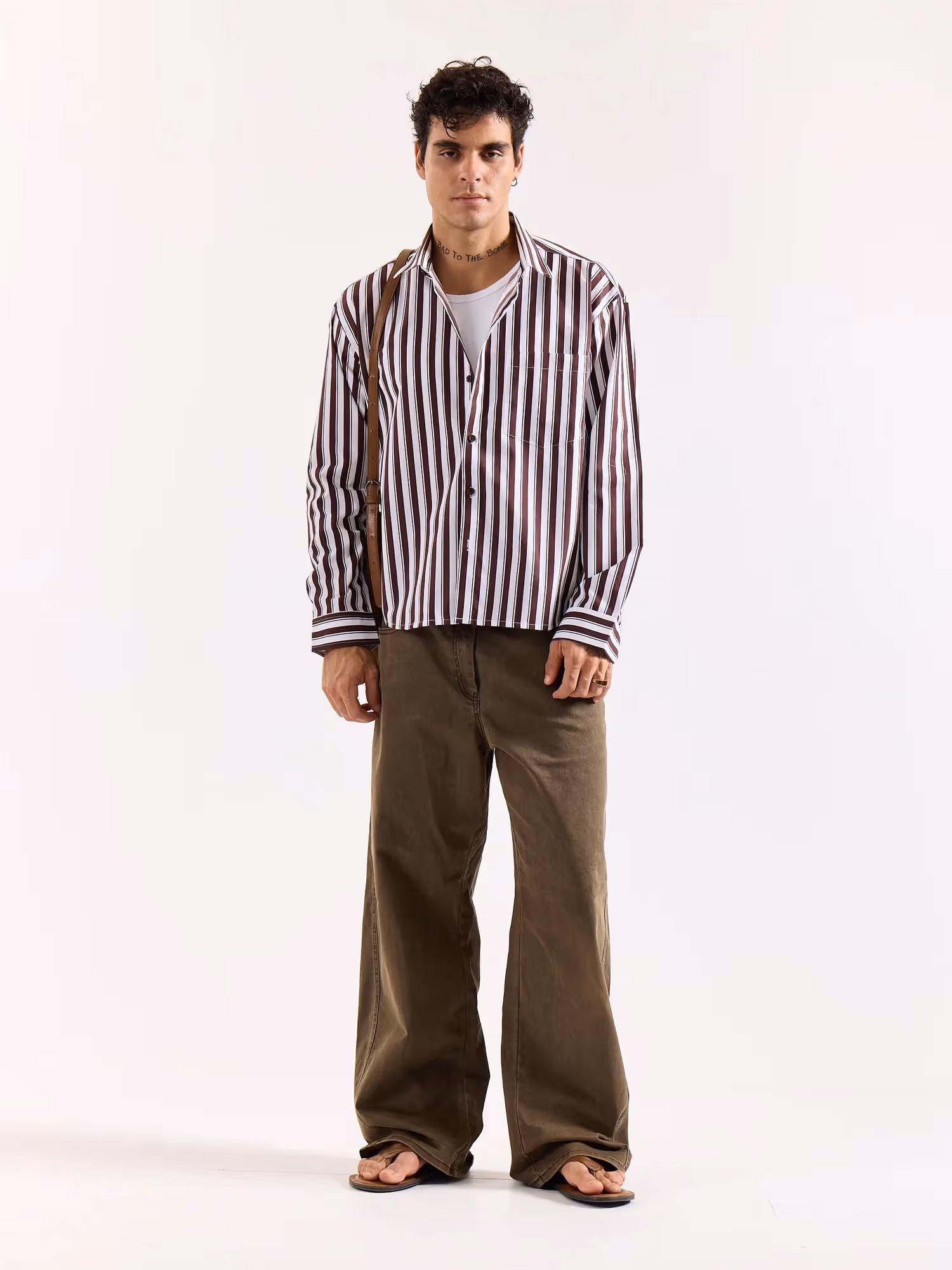 Coffee Brown and White Striped Poplin Oversized Shirt image 1