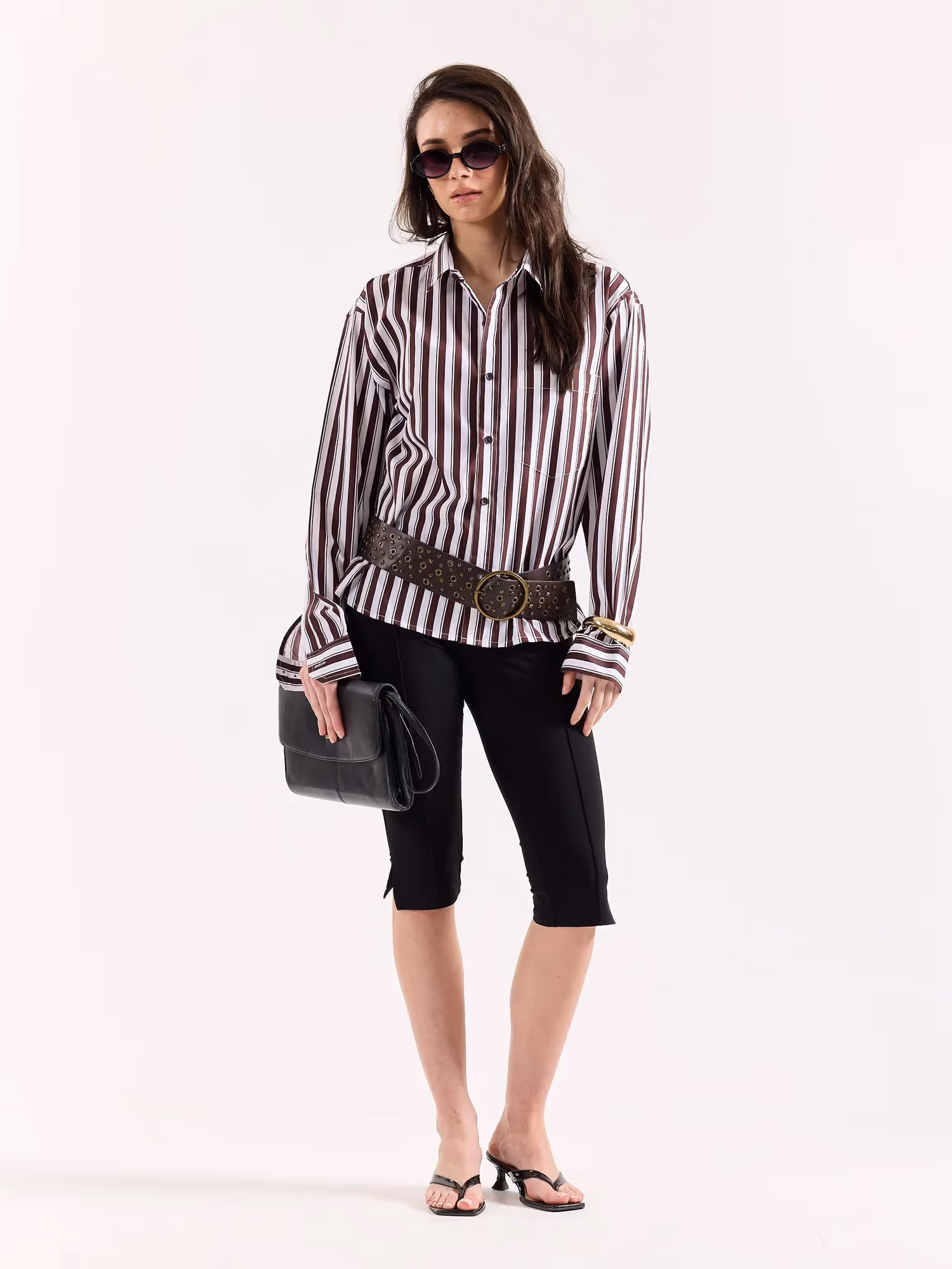 Coffee Brown and White Striped Poplin Oversized Shirt image 2