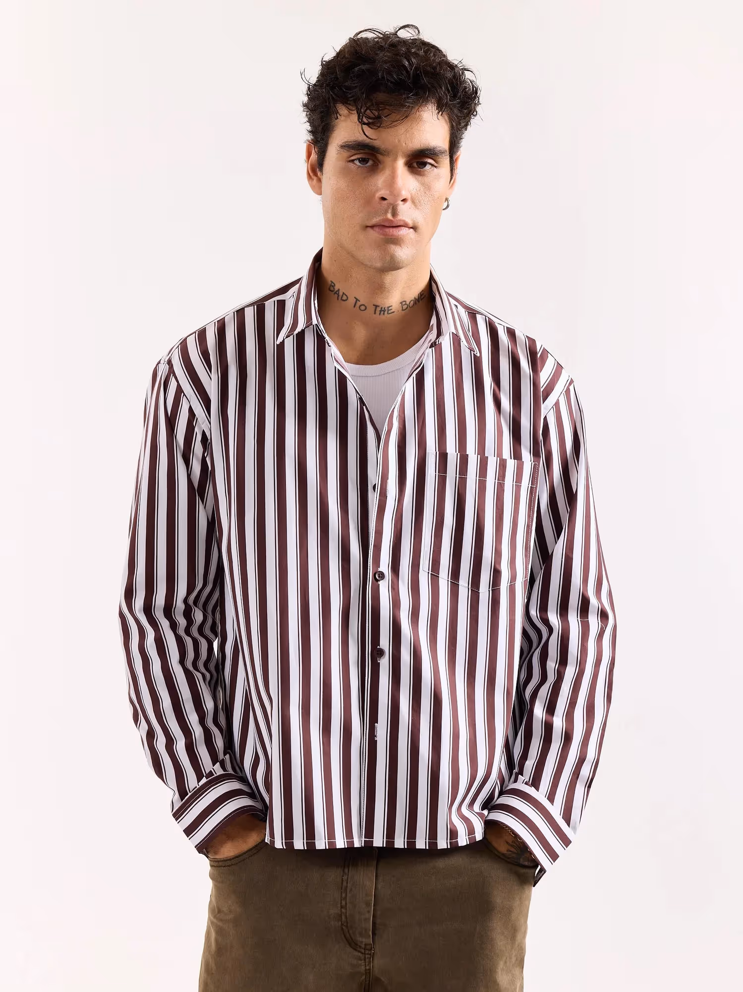 Coffee Brown and White Striped Poplin Oversized Shirt image 3