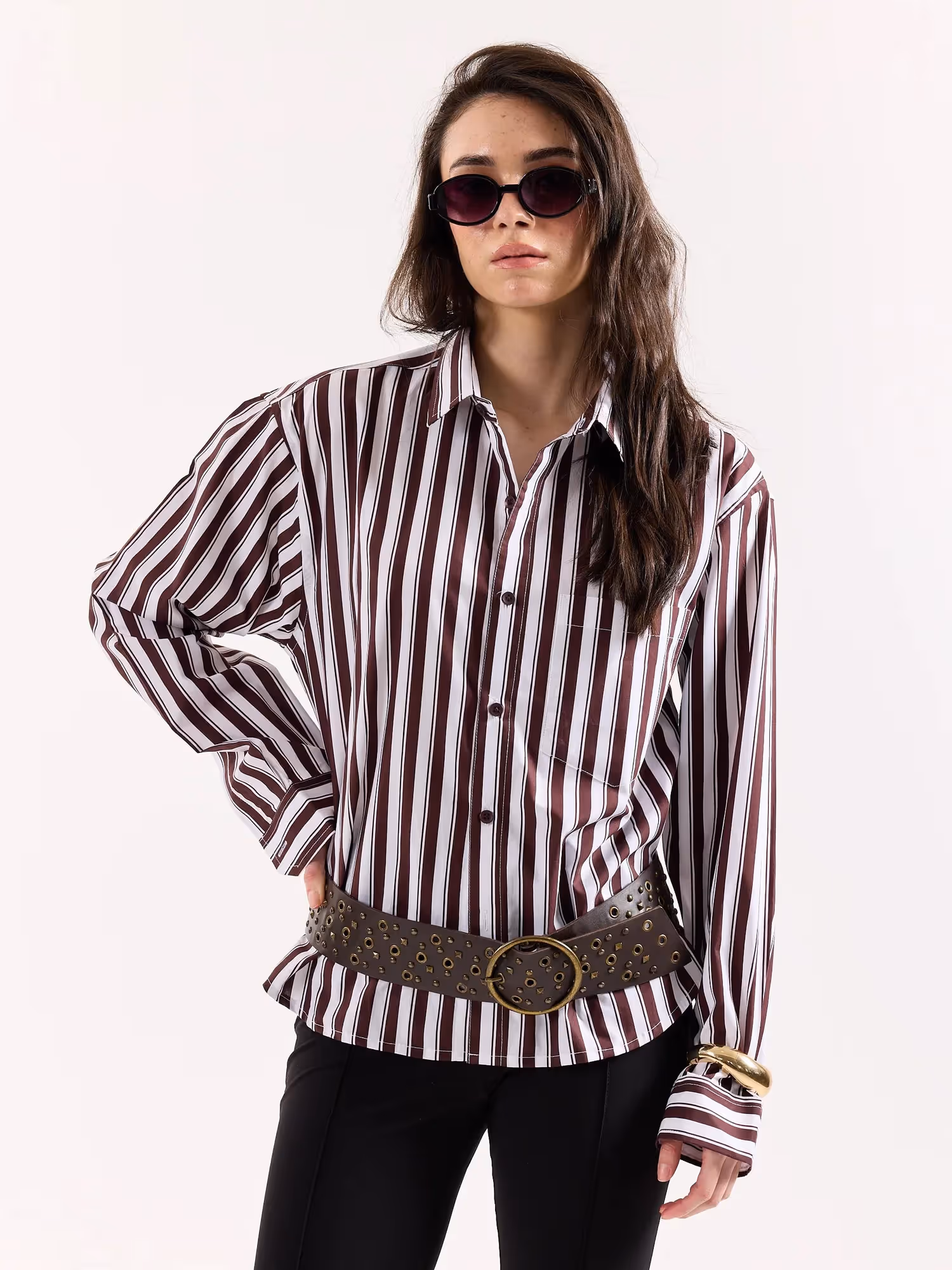 Coffee Brown and White Striped Poplin Oversized Shirt image 4