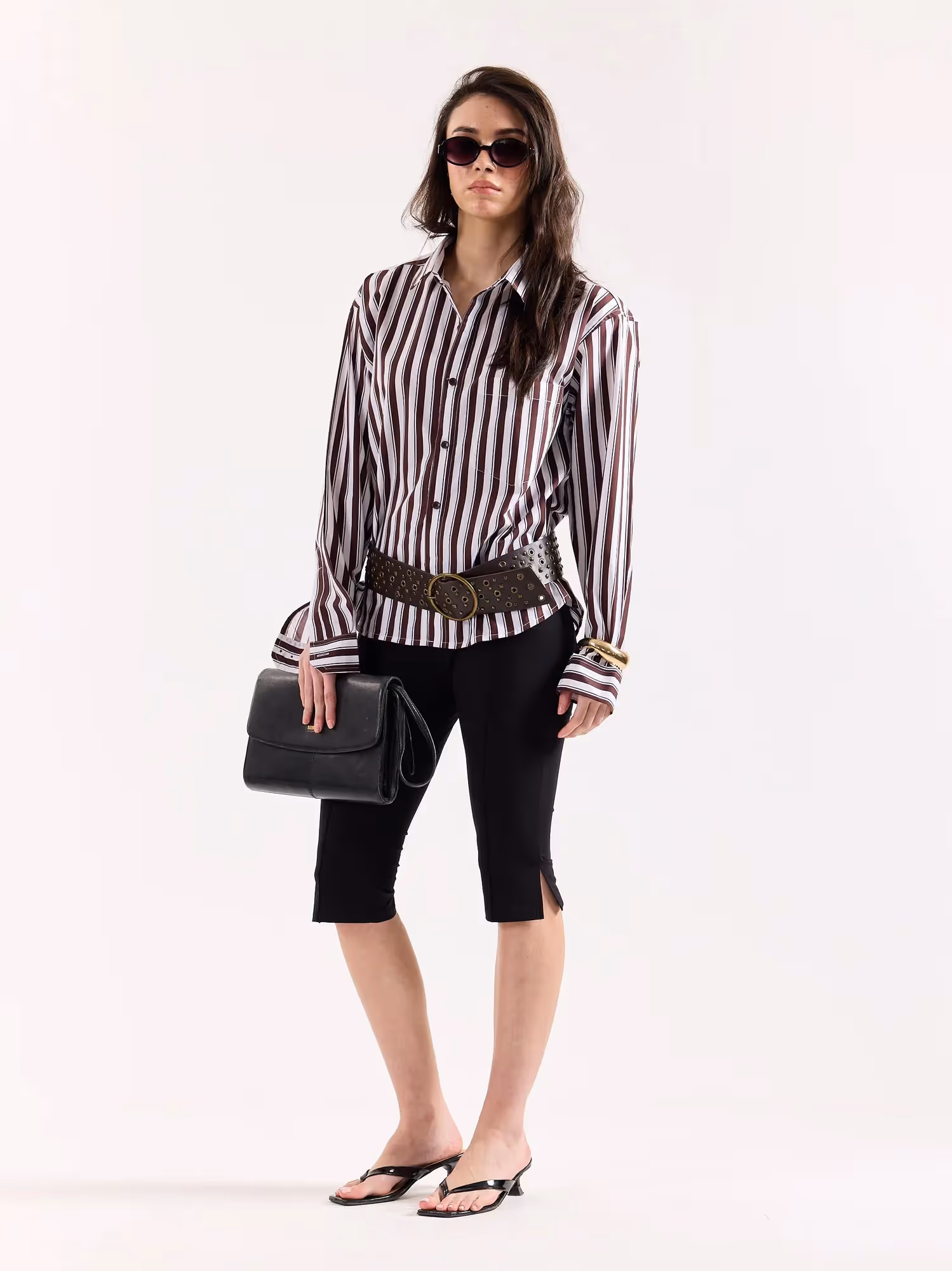 Coffee Brown and White Striped Poplin Oversized Shirt image 6