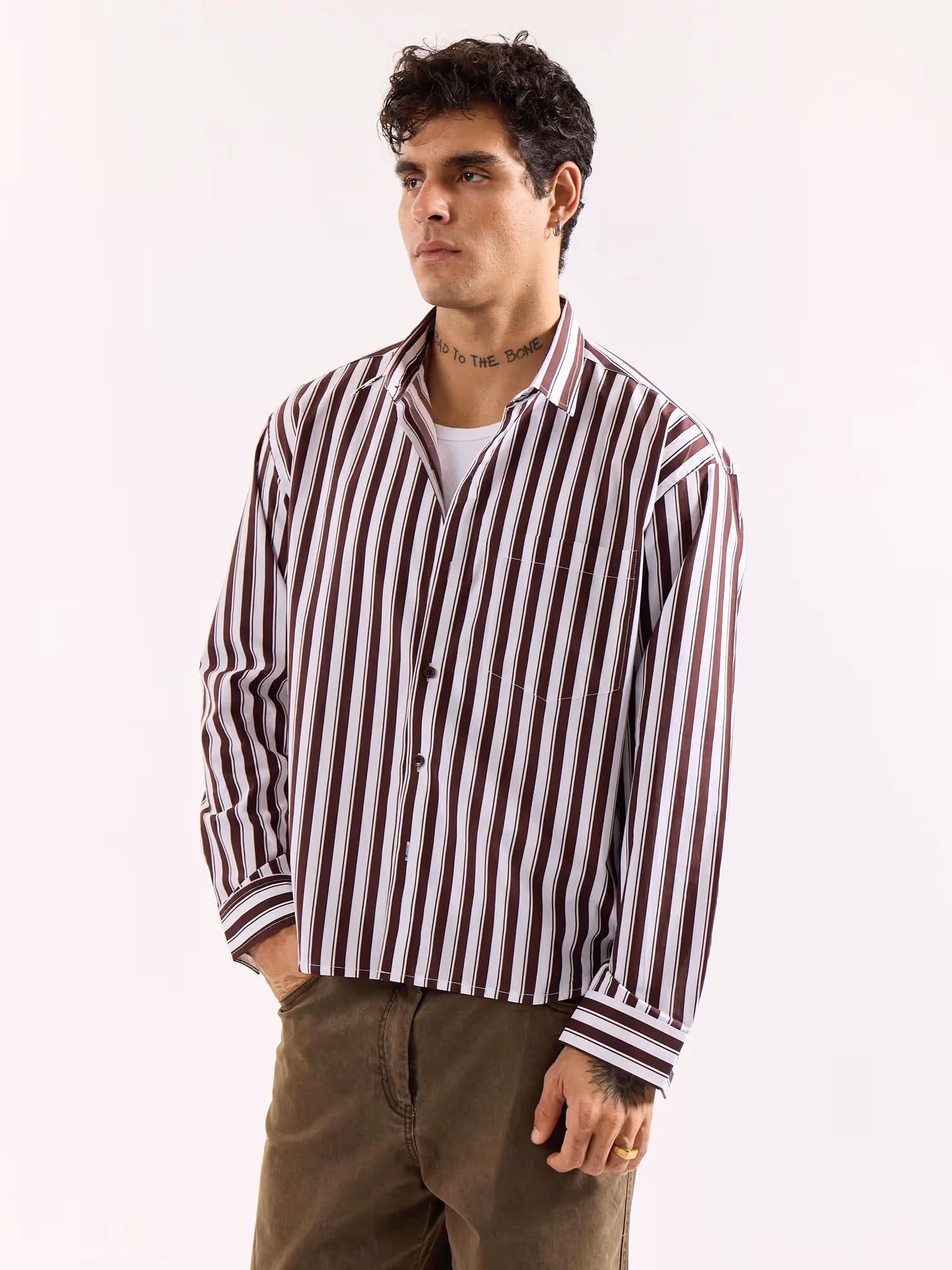 Coffee Brown and White Striped Poplin Oversized Shirt image 7