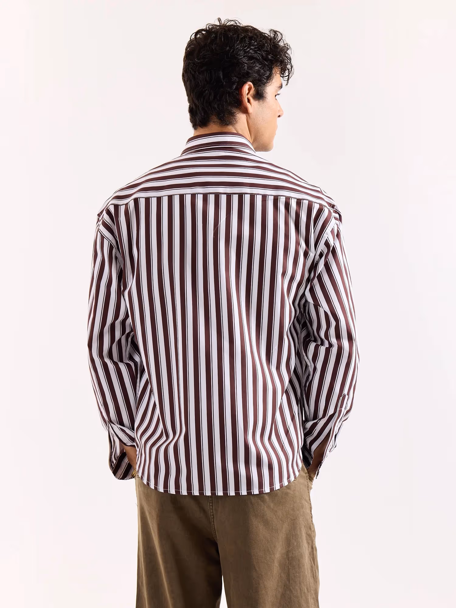 Coffee Brown and White Striped Poplin Oversized Shirt image 8
