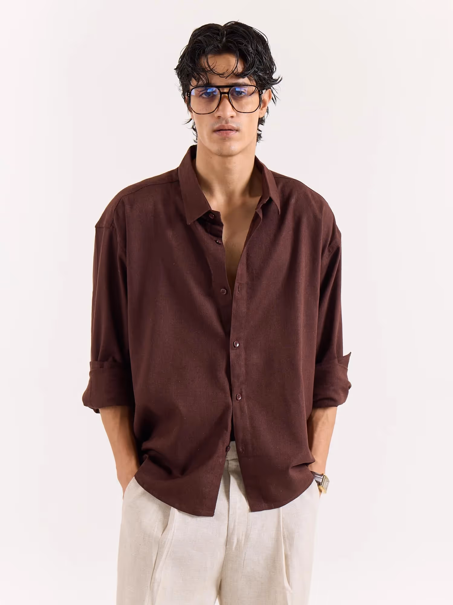 Coffee Brown Linen Cropped Shirt image 2