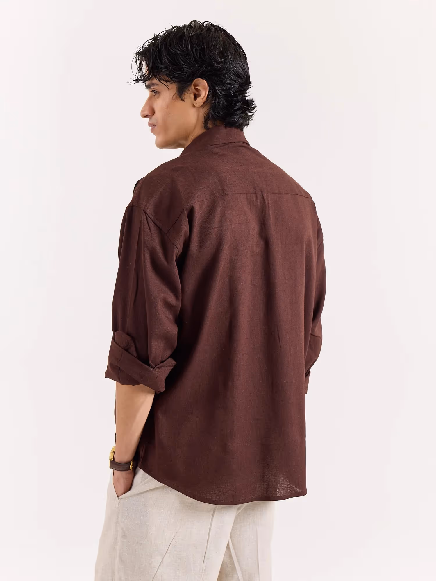 Coffee Brown Linen Cropped Shirt image 3