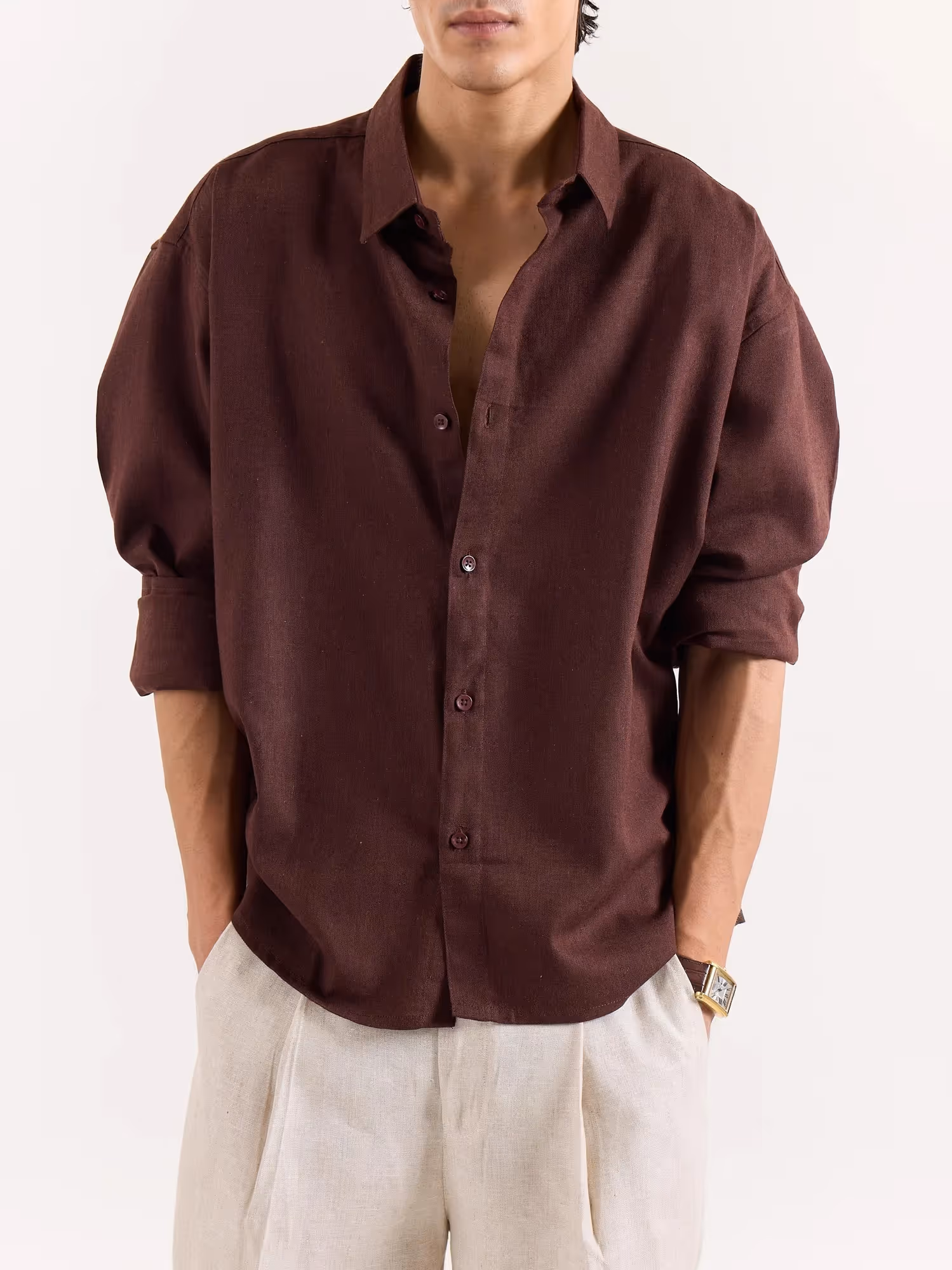 Coffee Brown Linen Cropped Shirt image 4