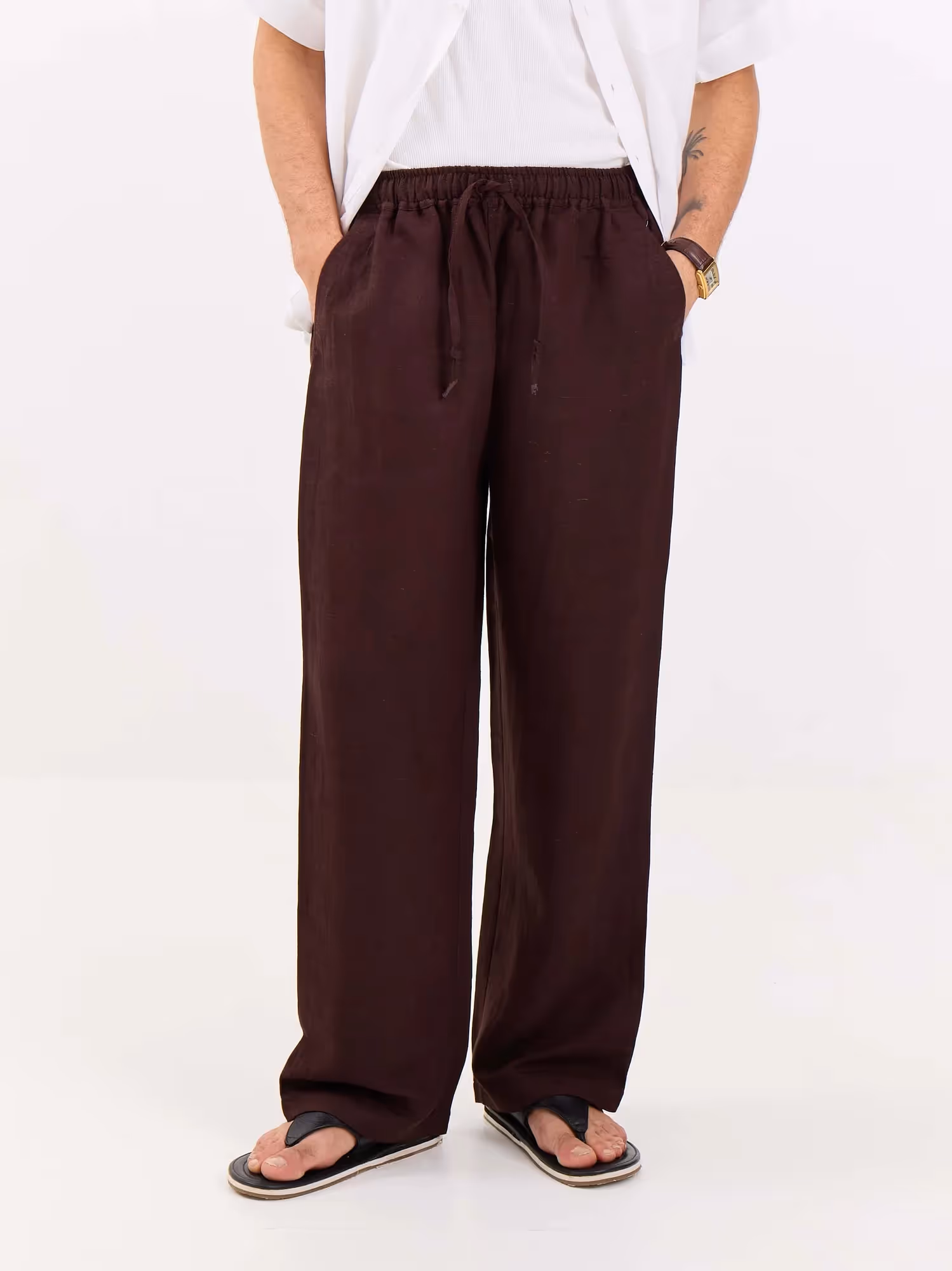 Coffee Brown Linen Pull-on Pants  image 2