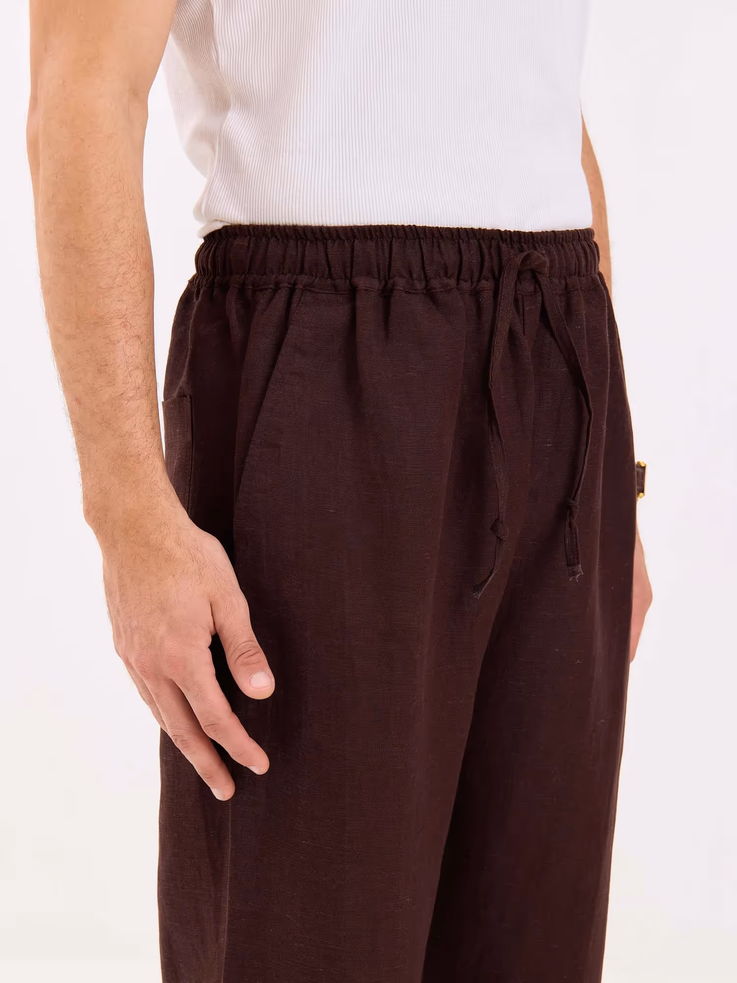 Coffee Brown Linen Pull-on Pants  image 3