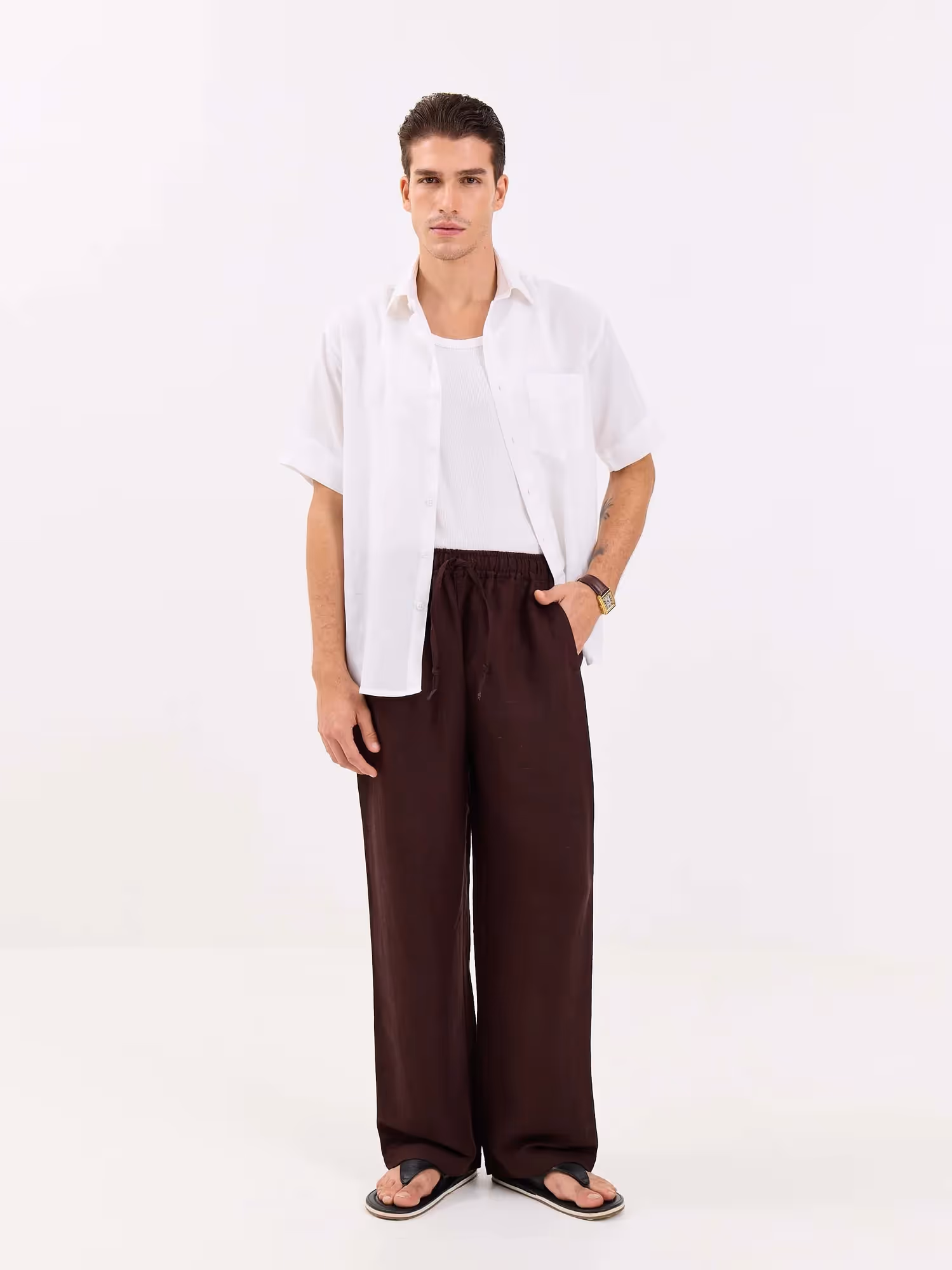 Coffee Brown Linen Pull-on Pants  image 4