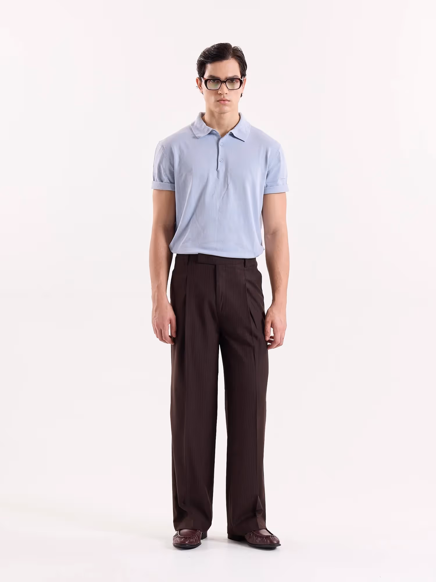 Coffee Brown Pinstriped Baggy Fit Trousers image 1