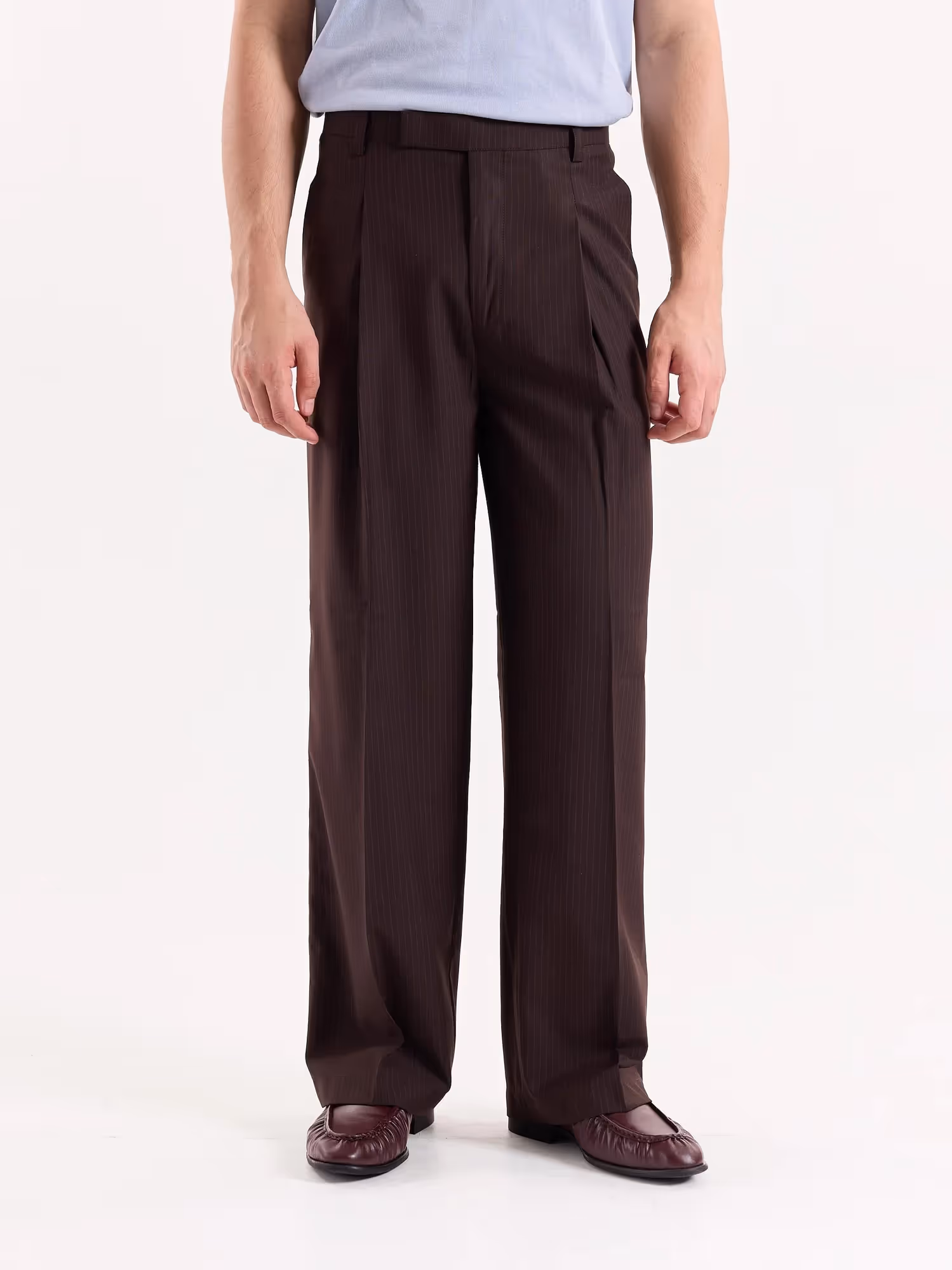Coffee Brown Pinstriped Baggy Fit Trousers image 2