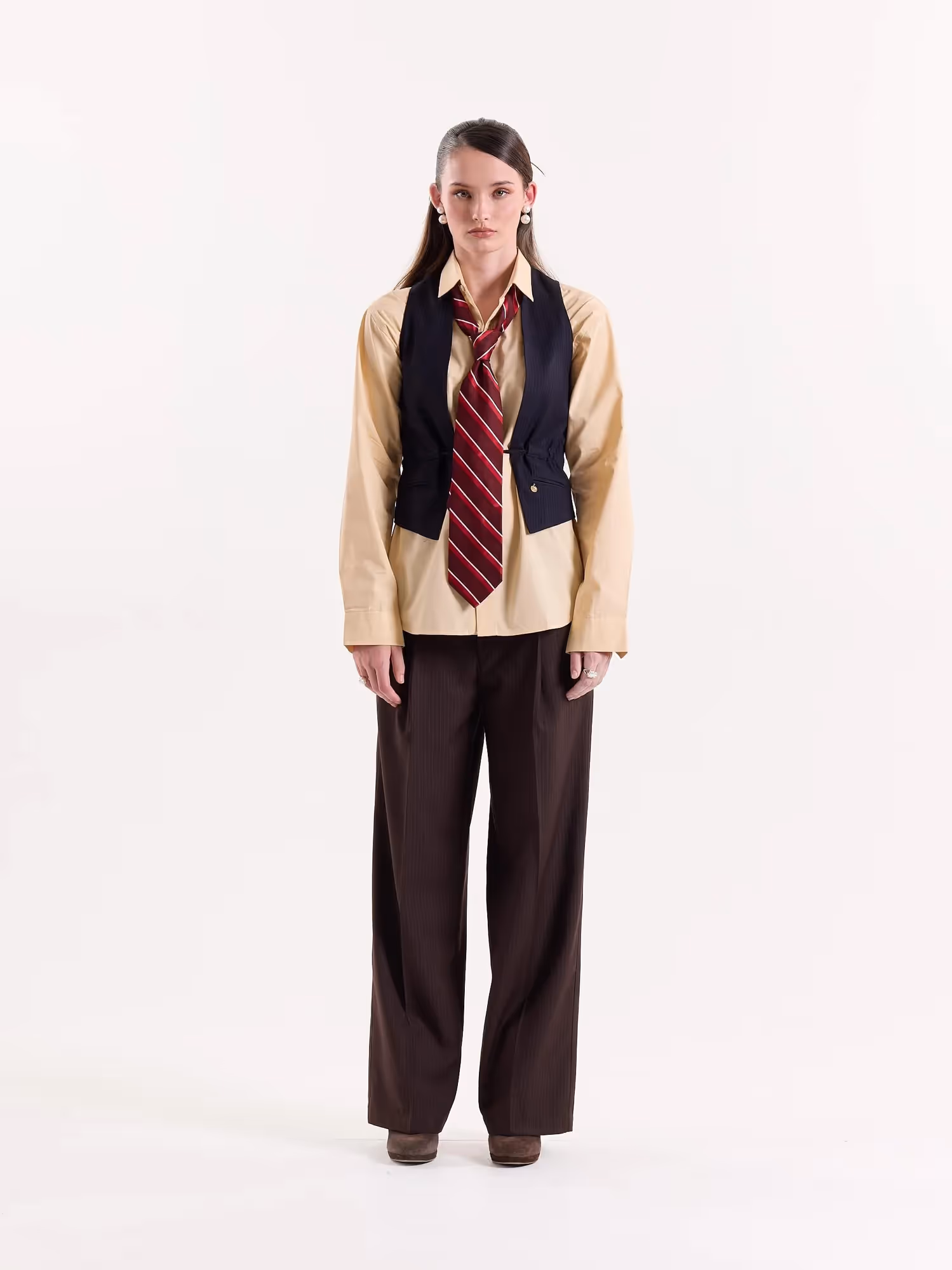 Coffee Brown Pinstriped Baggy Fit Trousers image 3