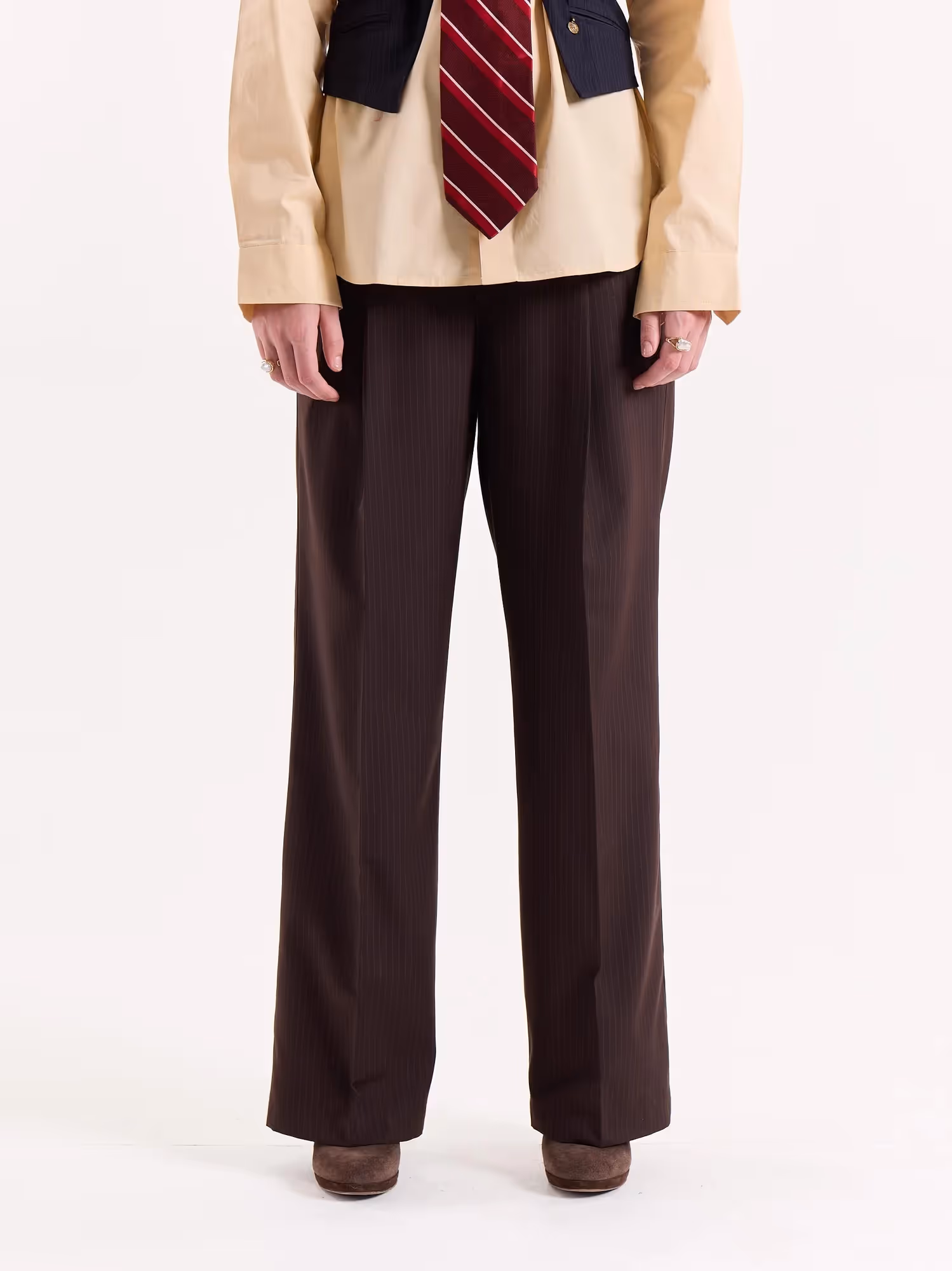 Coffee Brown Pinstriped Baggy Fit Trousers image 4