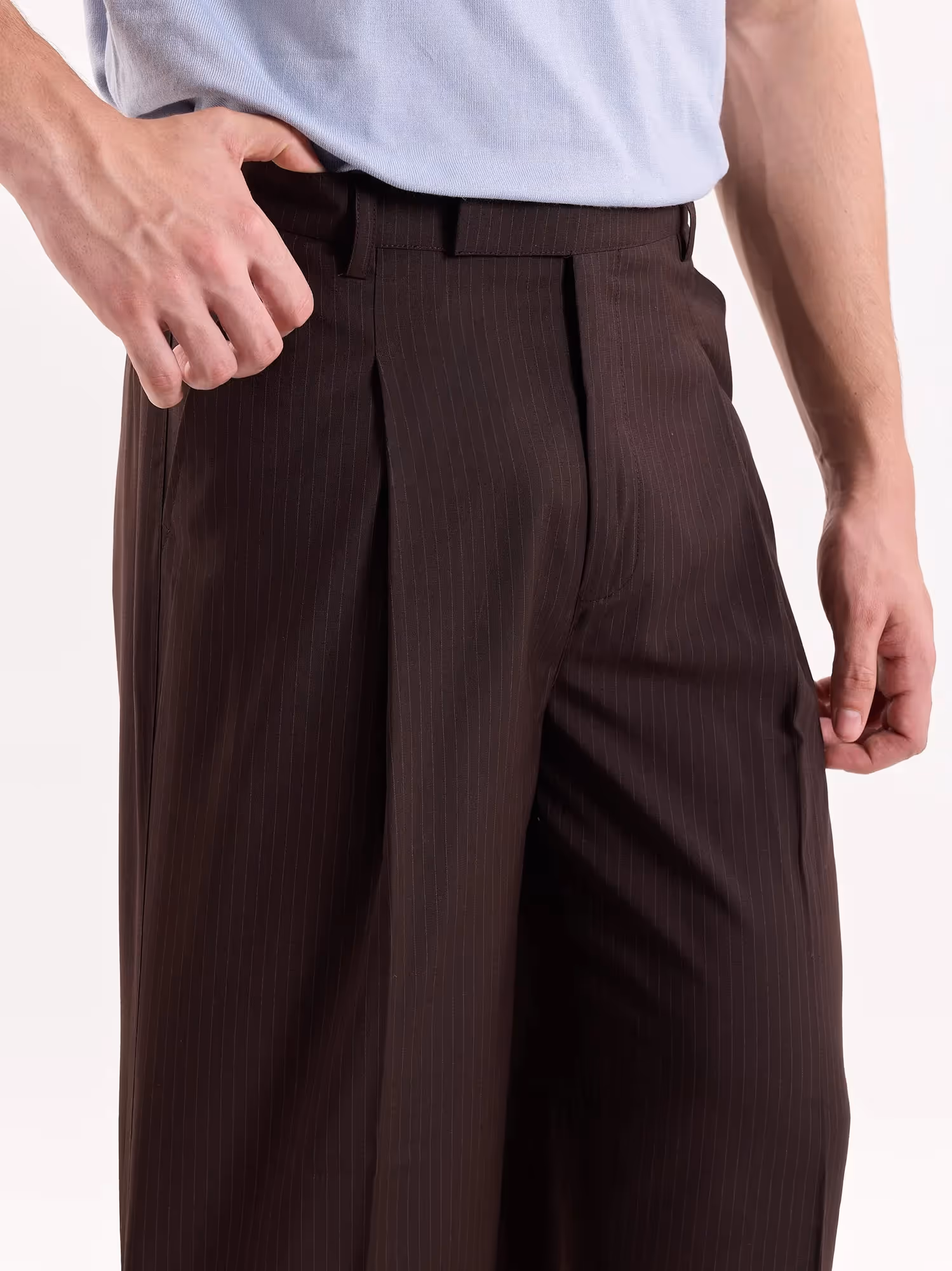 Coffee Brown Pinstriped Baggy Fit Trousers image 6