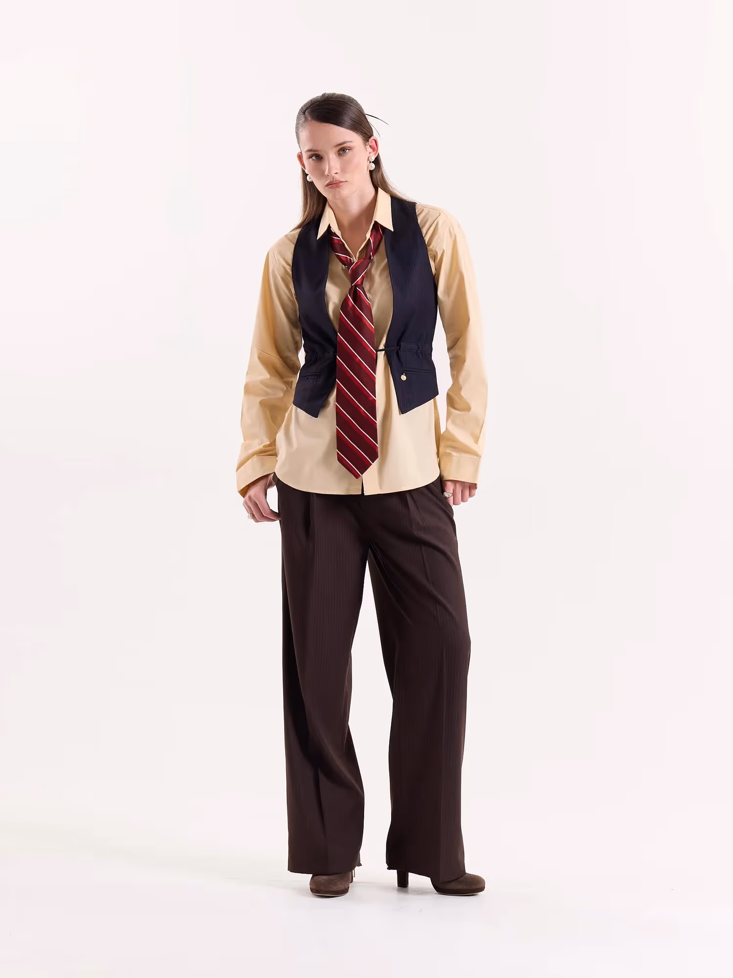 Coffee Brown Pinstriped Baggy Fit Trousers image 7
