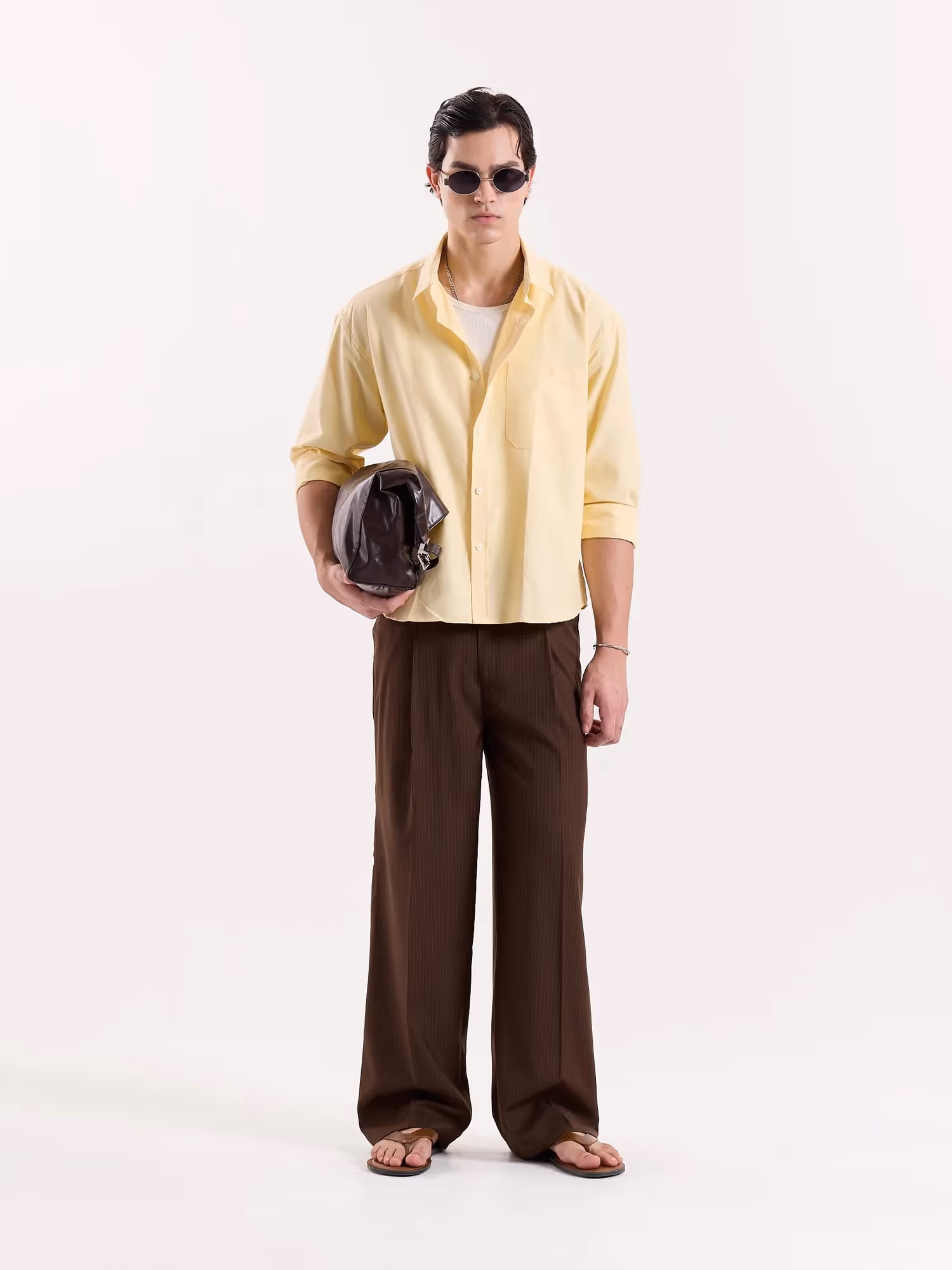 Copper Brown Pinstriped Baggy Fit Trousers image 1
