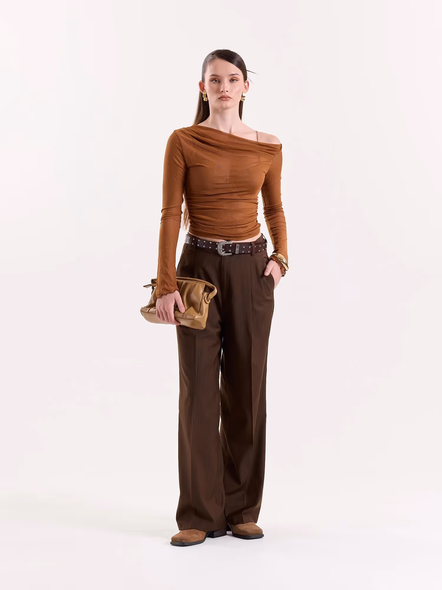 Copper Brown Pinstriped Baggy Fit Trousers image 3