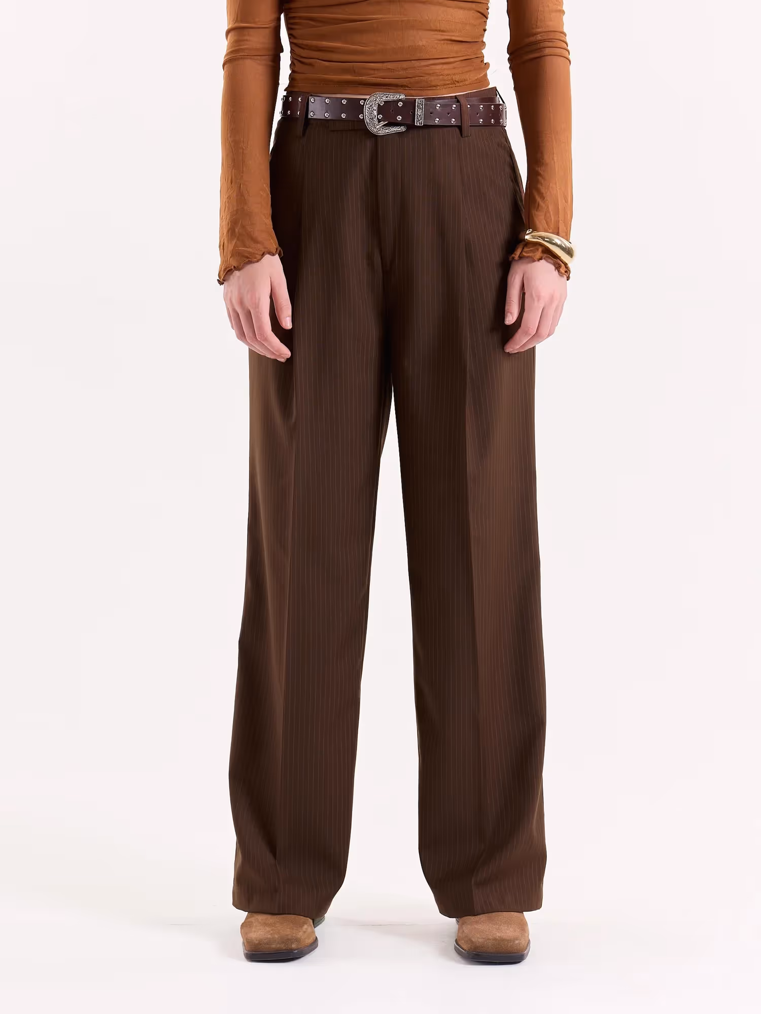 Copper Brown Pinstriped Baggy Fit Trousers image 4