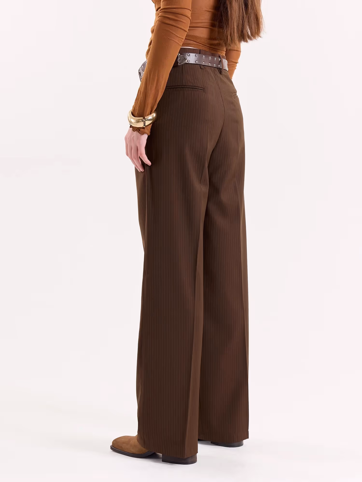 Copper Brown Pinstriped Baggy Fit Trousers image 6