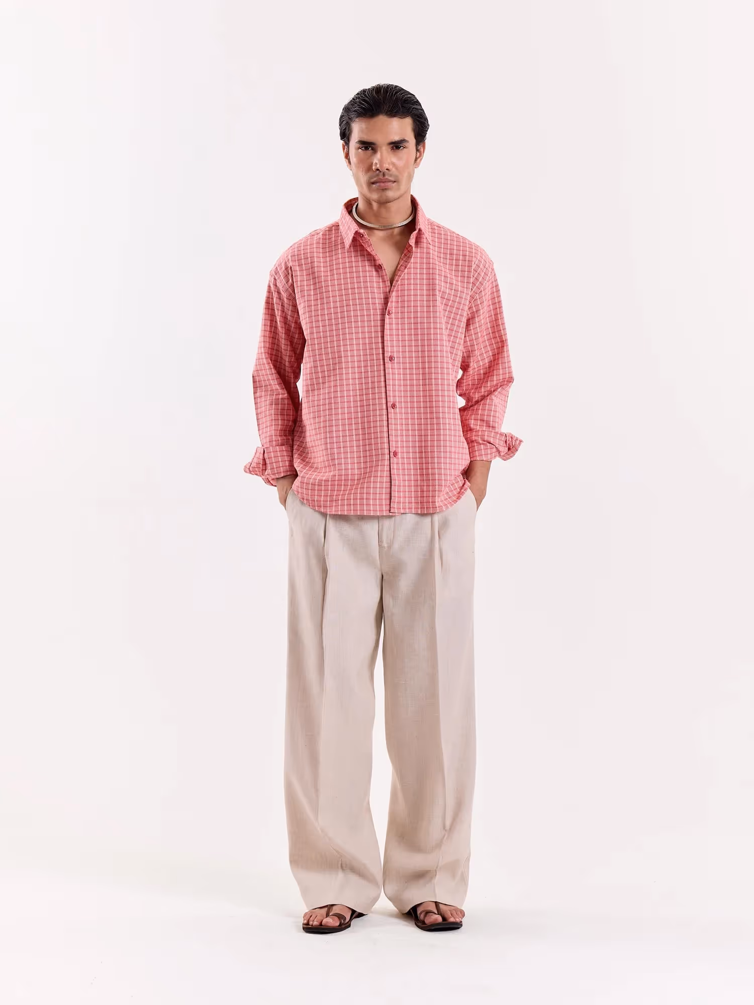 Coral and Cream Grid Checkered Cropped Shirt image 1