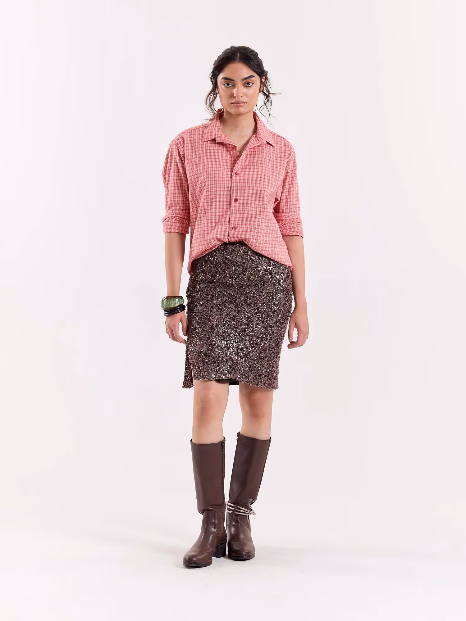 Coral and Cream Grid Checkered Cropped Shirt image 2