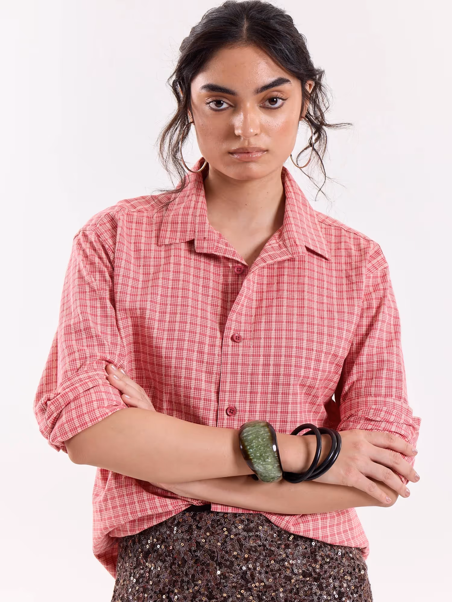 Coral and Cream Grid Checkered Cropped Shirt image 4
